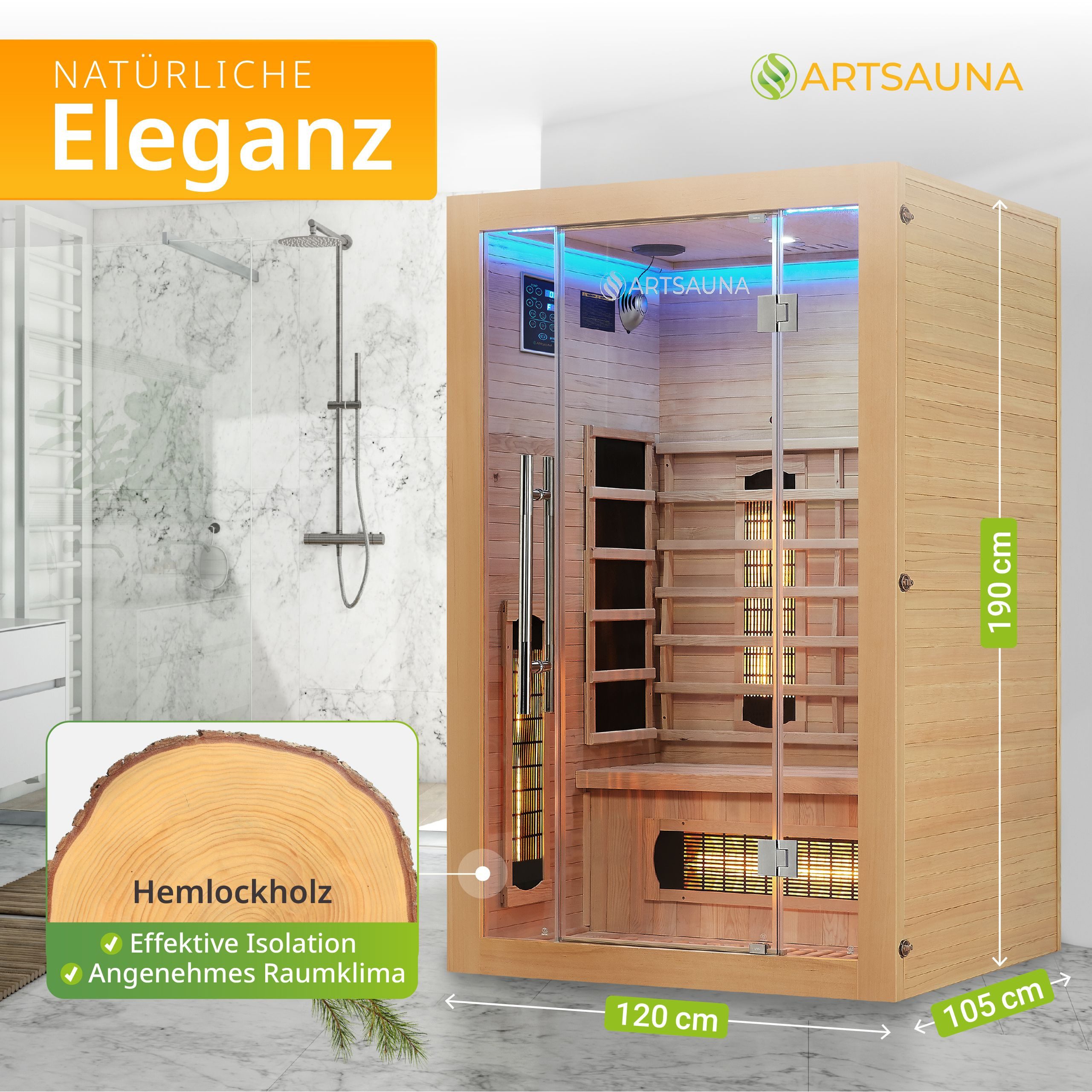 Artsauna Infrarotkabine Kiruna120 Dual Technologie, BxTxH: 120 x 105 x 190 cm, für 2 Personen, Hemlock-Holz, HiFi-System, Ionisator, LED-Farblicht