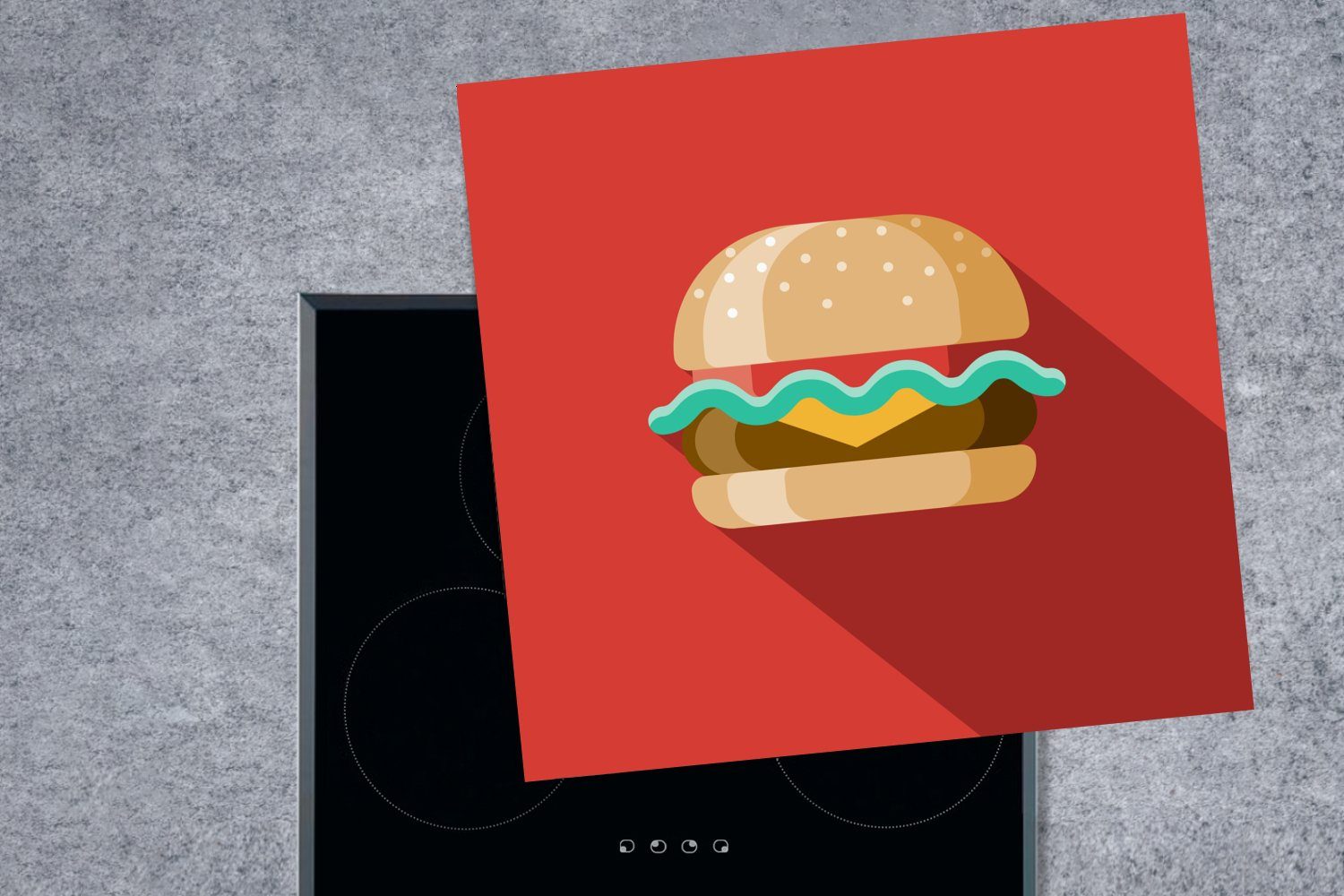 MuchoWow Herdblende-/Abdeckplatte tlg), 78x78 Piktogramm Vinyl, Arbeitsplatte einem eines cm, für (1 vor roten Ceranfeldabdeckung, Hamburgers Hintergrund, küche