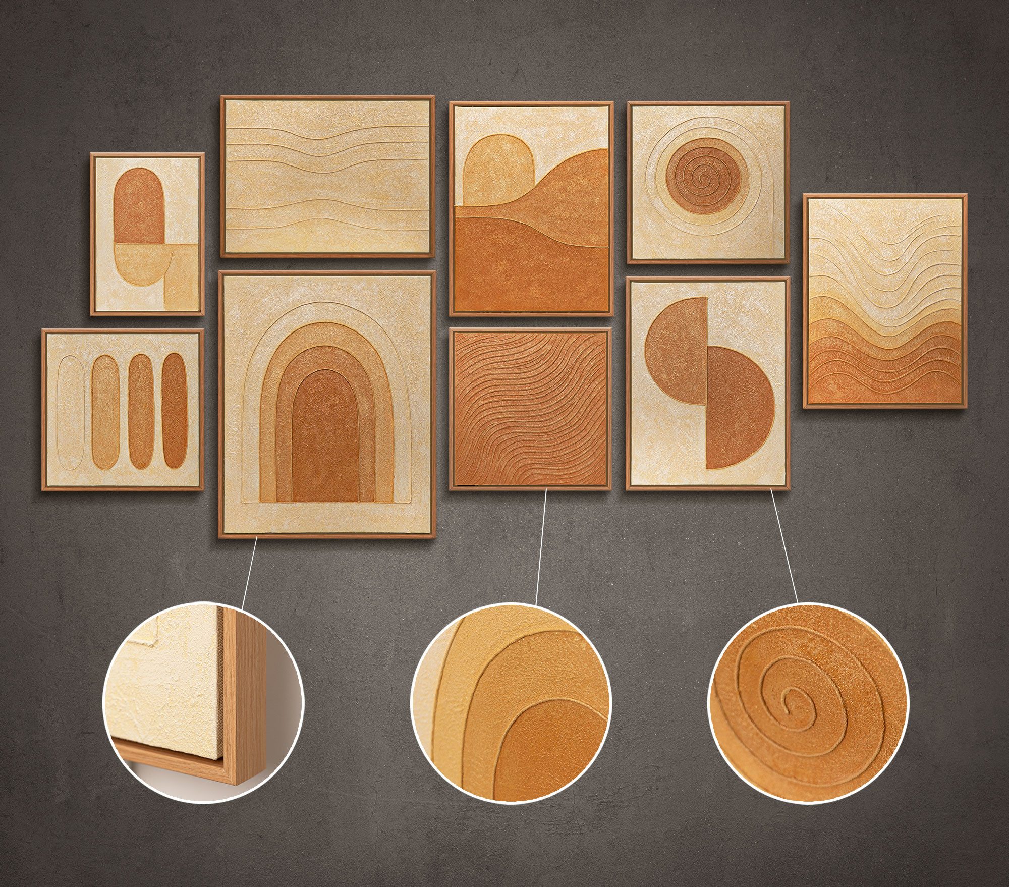 YS-Art Gemälde "Lied der Wüste", Geometrische Formen (Set, 9 St), Bilder Set mit Rahmen – Leinwandbilder Set Abstrakt handgemacht