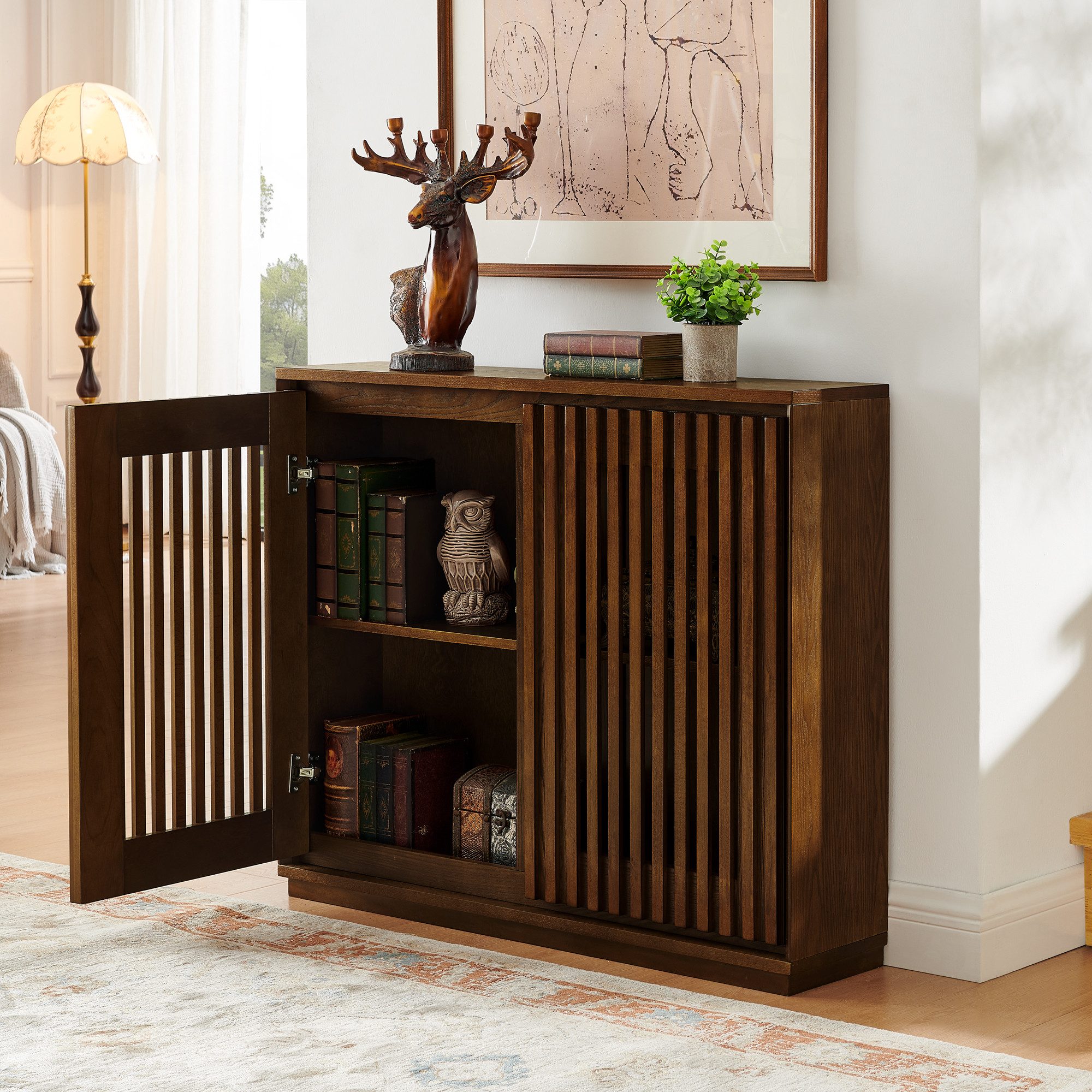 Celya Sideboard Buffetschrank Aufbewahrungsschrank mit 2 Tür (99 x 23.5 x 82.6, Mittelalterlich-moderner Stil, ausgehöhlter Schrank)
