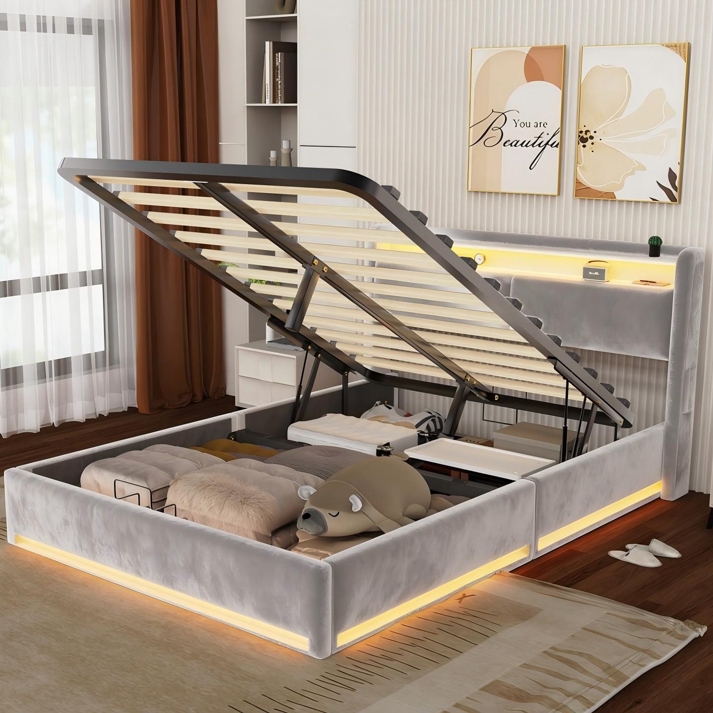 oyajia Polsterbett LED Doppelbett 140x200cm, Stauraumbett mit Kopfteil, Sam günstig online kaufen