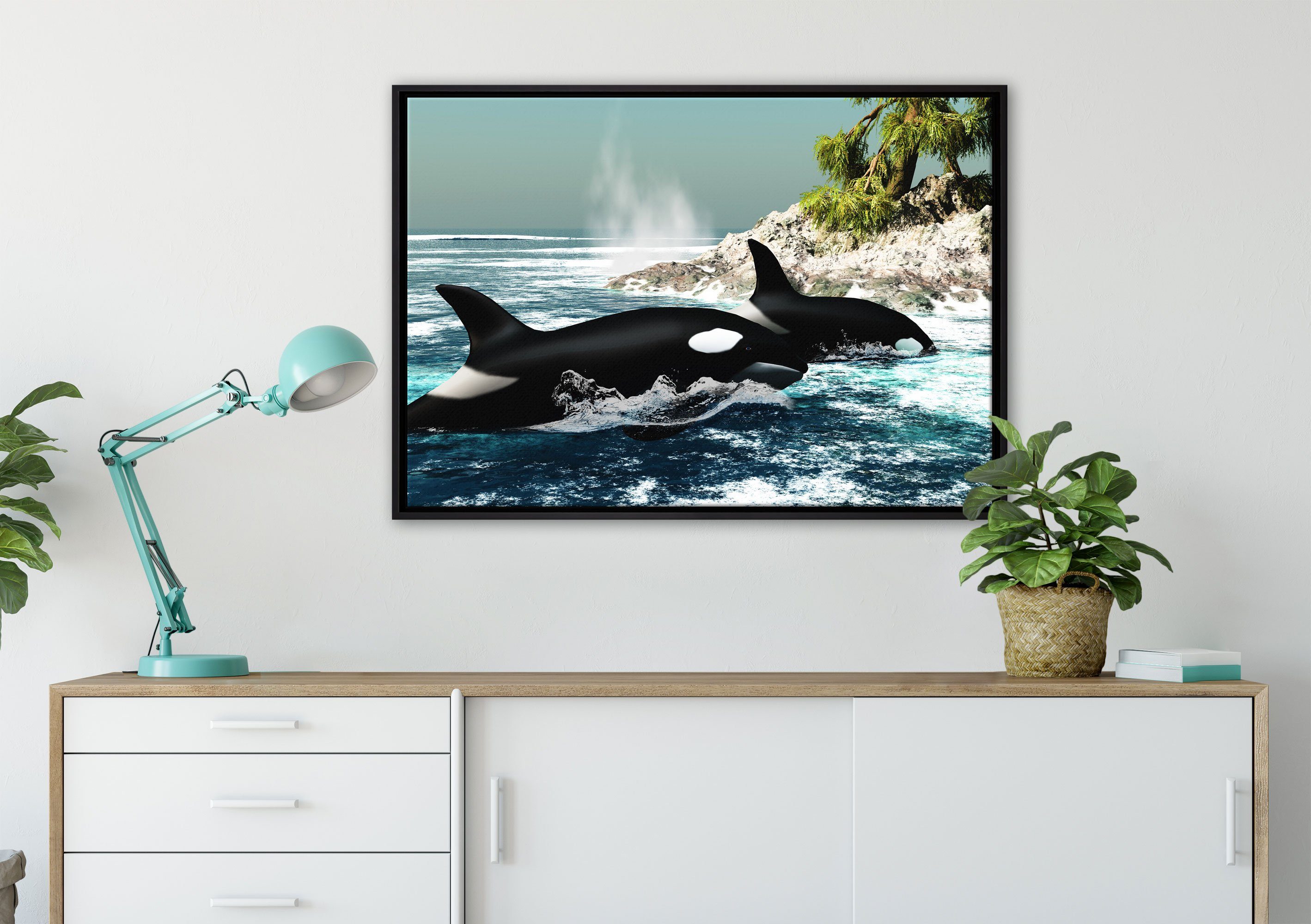 vor gefasst, (1 inkl. Wanddekoration einem Insel, Pixxprint Orcas in bespannt, St), Leinwandbild Leinwandbild fertig Zackenaufhänger Schattenfugen-Bilderrahmen