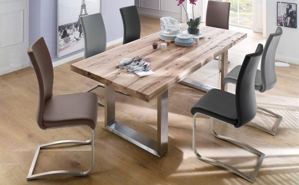 expendio Essgruppe Carson, (komplette Tischgruppe, Spar-Set, 7-tlg), holztisch Eiche gekälkt 180x76x100cm + 6x Stuhl Kunstleder braun