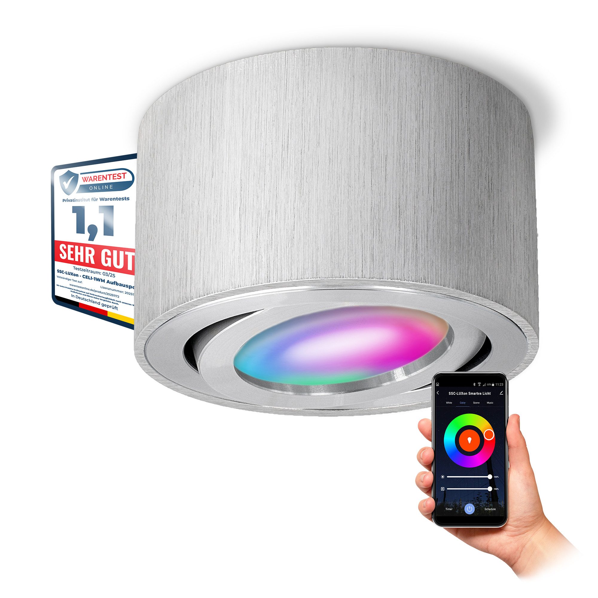 SSC-LUXon LED Aufbaustrahler CELI-1A Aufbaustrahler flach Alu gebuerstet schwenkbar mit WiFi LED, RGB & Weißtöne