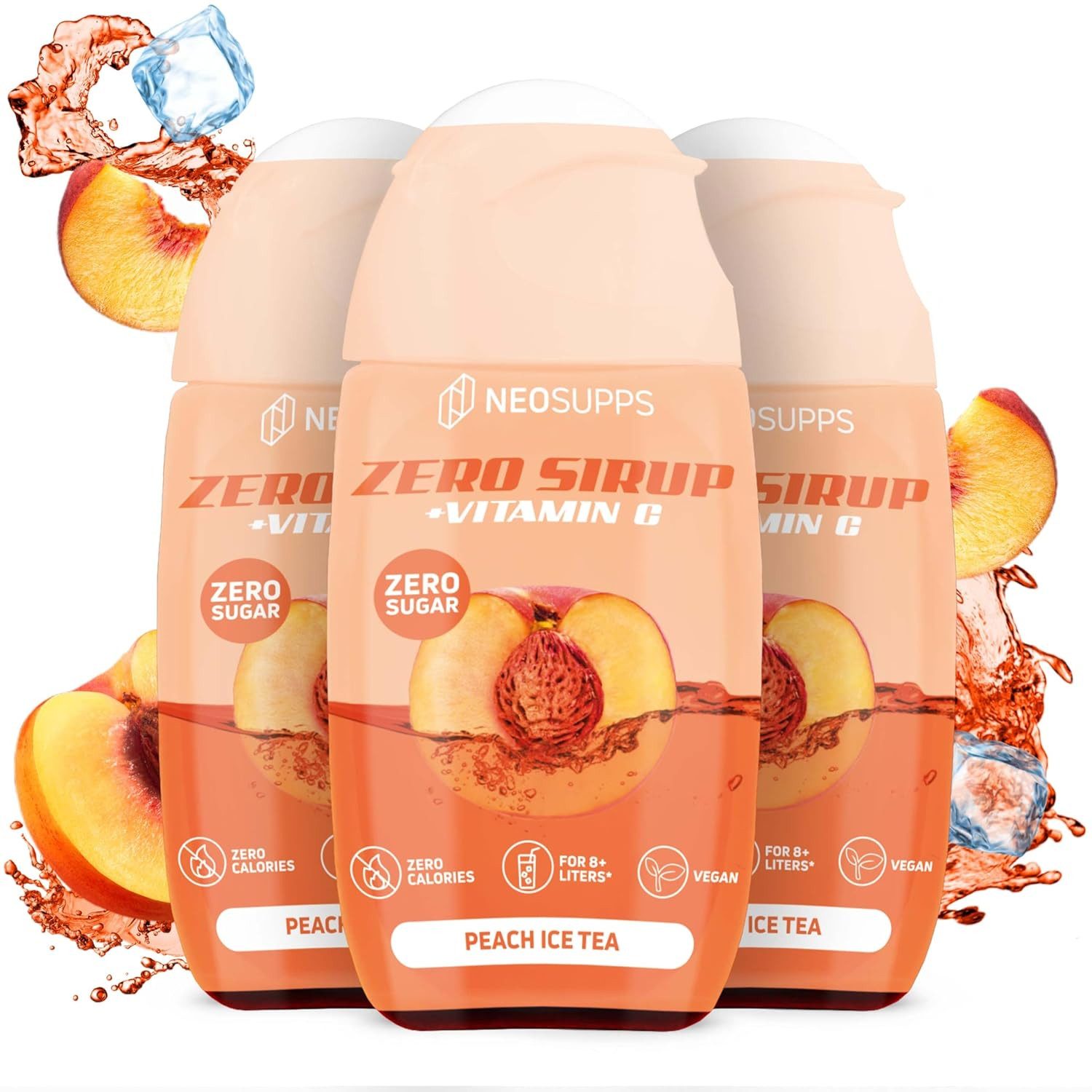 Neosupps Zero Sirup - Peach Ice Tea 3x65ml Sirup, 195 ml, Ohne Zucker, Ohne Kalorien