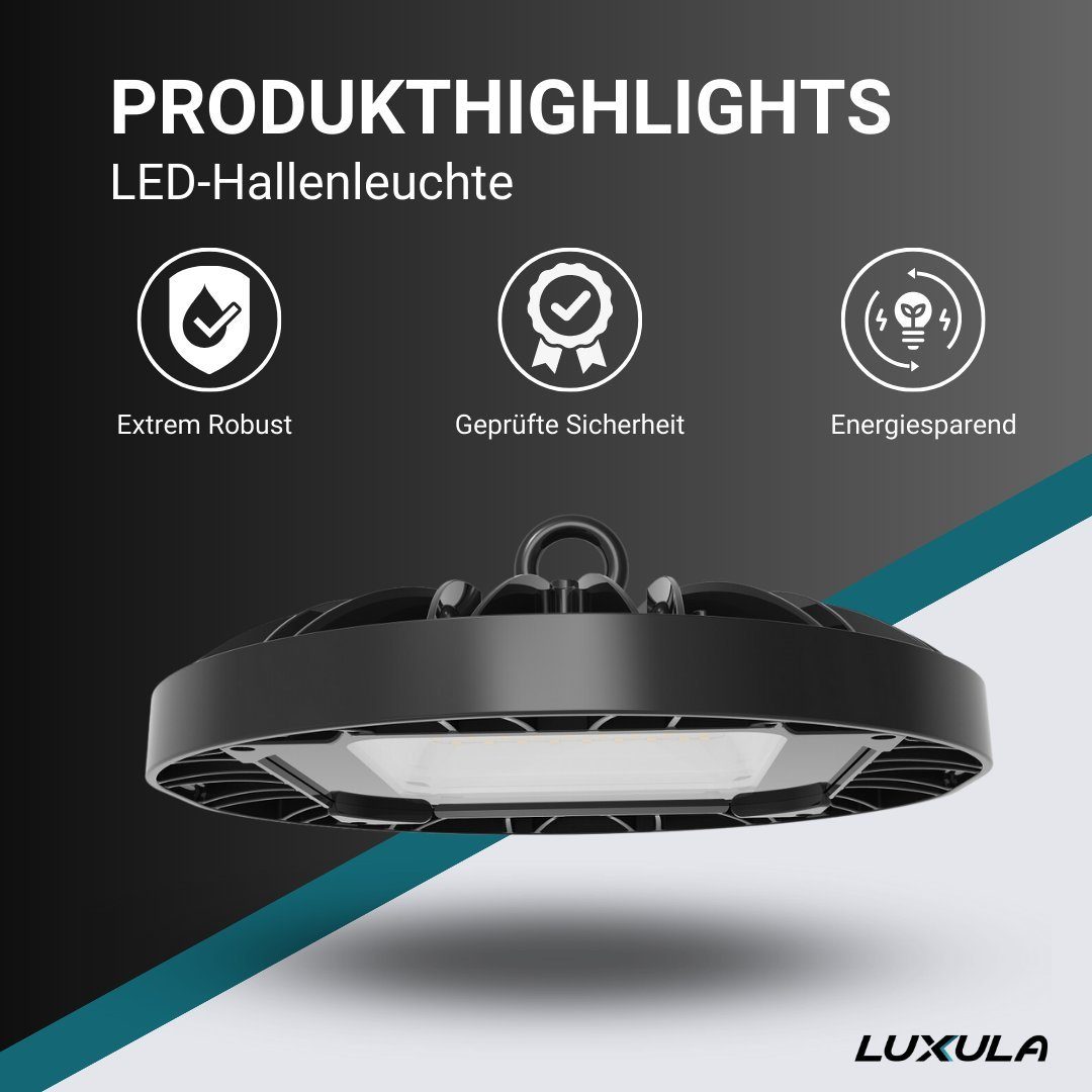 LUXULA LED Arbeitsleuchte LED-HighBay, UFO, 100 W, 9400 lm, 5000 K (neutralweiß), IP65, LED fest integriert, Tageslichtweiß, neutralweiß, spritzwassergeschützt