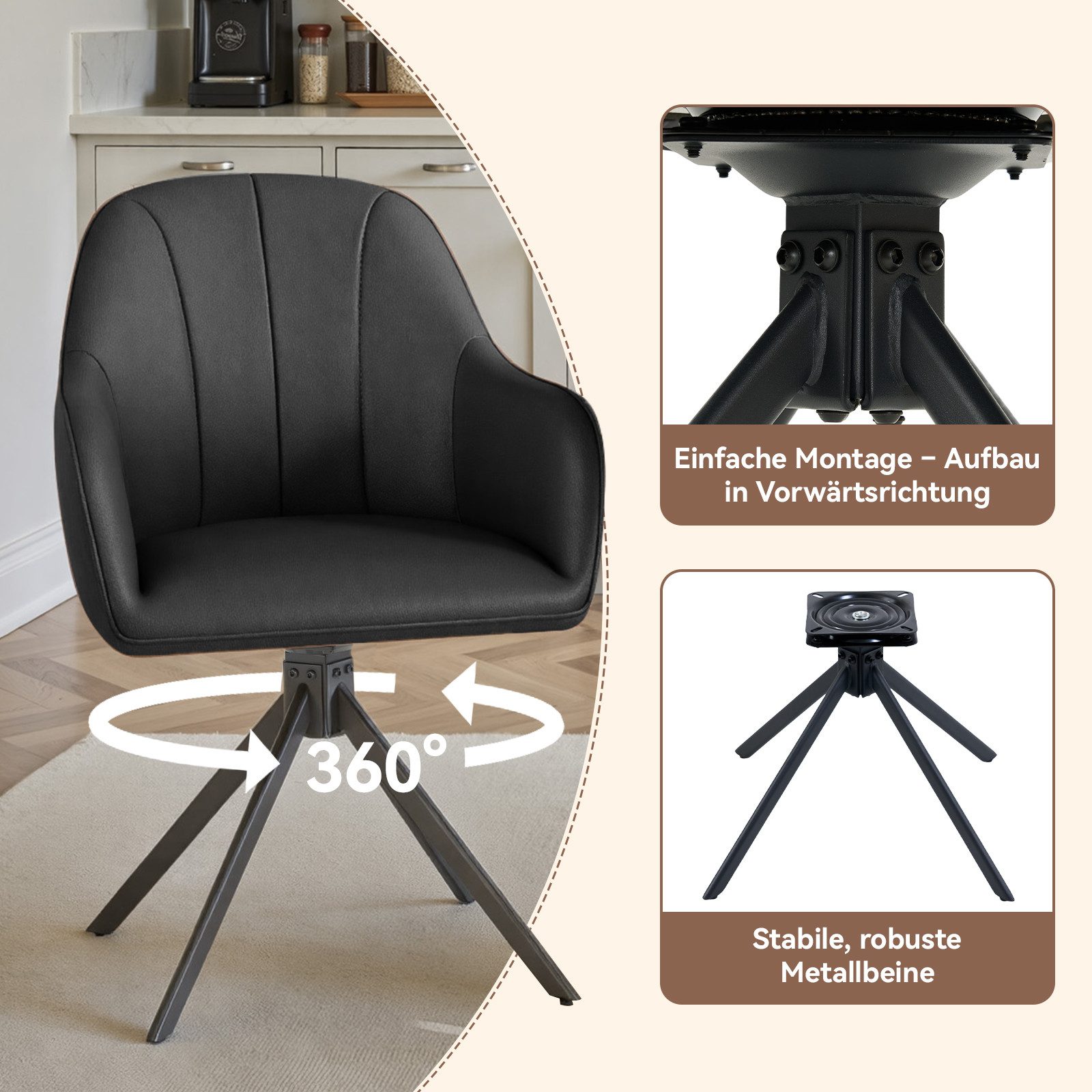 HawthyHome Polsterstuhl 360° drehbar mit Armlehne und Metallbeinen, 4-Fußstuhl (2 St), Moderner Küchenstuhl Esszimmerstuhl für Wohnzimmer & Büro – Bild 4 von 5
