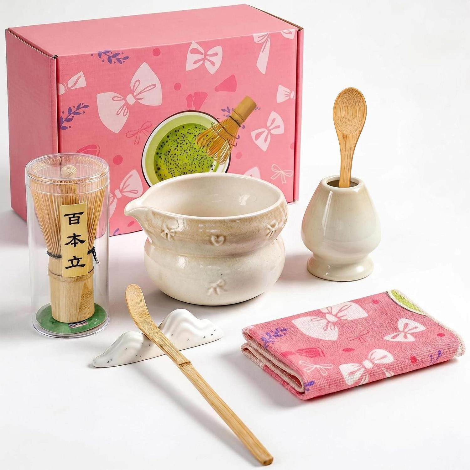 LuxusKollektion Schneebesen Matcha Set 8-teilig Keramikschale Bambusbesen Halter