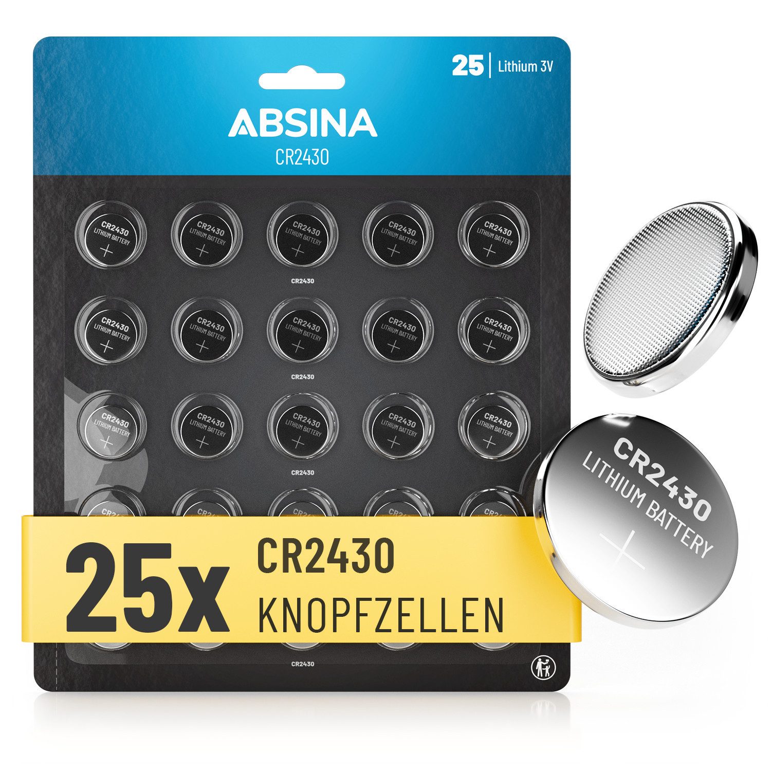 ABSINA CR2430 Knopfzelle 25er Pack - CR 2430 3V Knopfzellen, Knopfbatterie Knopfzelle, (1 St)