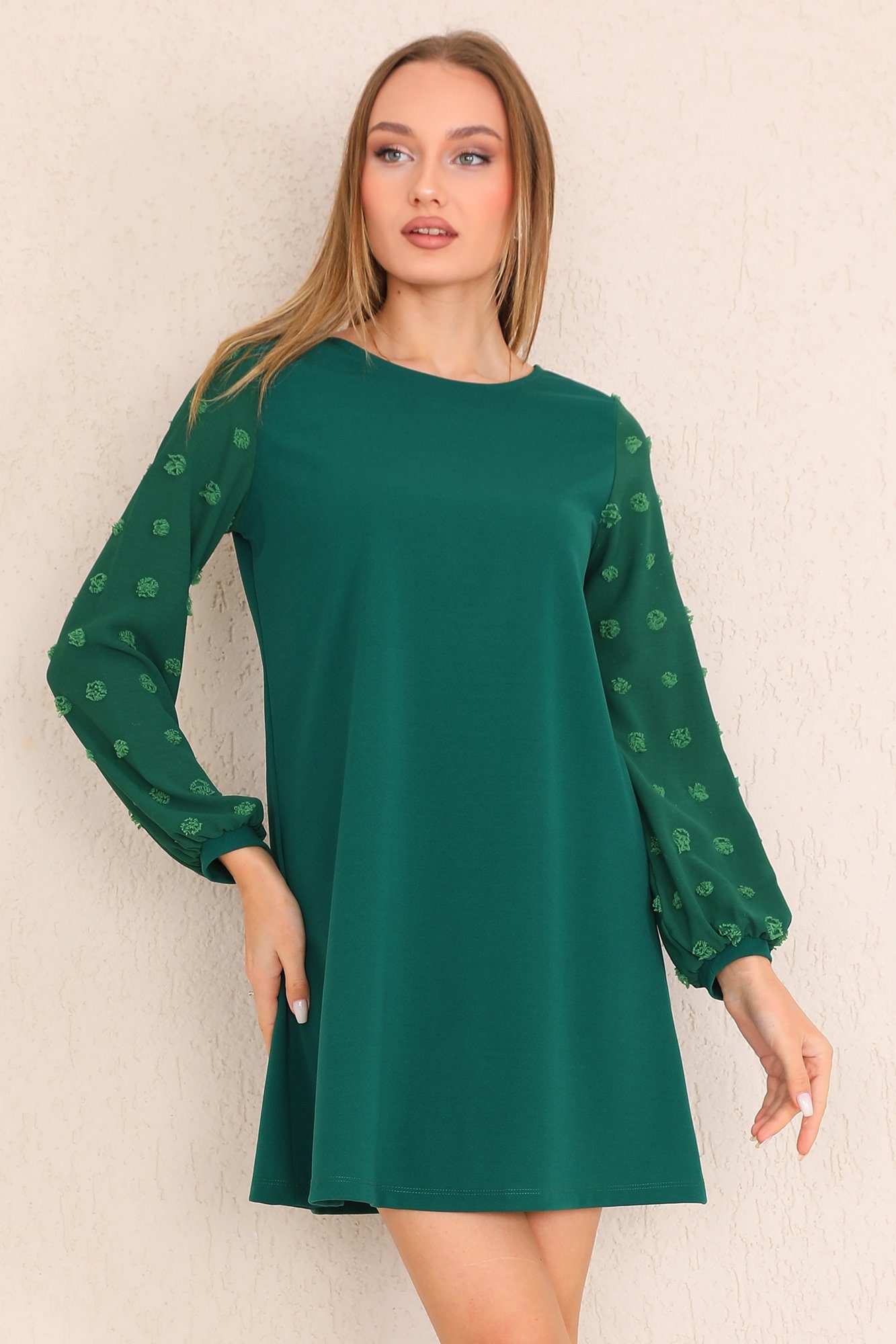 Bongual Partykleid A-Linie-Kleid Laterneärmel mit Struktur Punkte grün