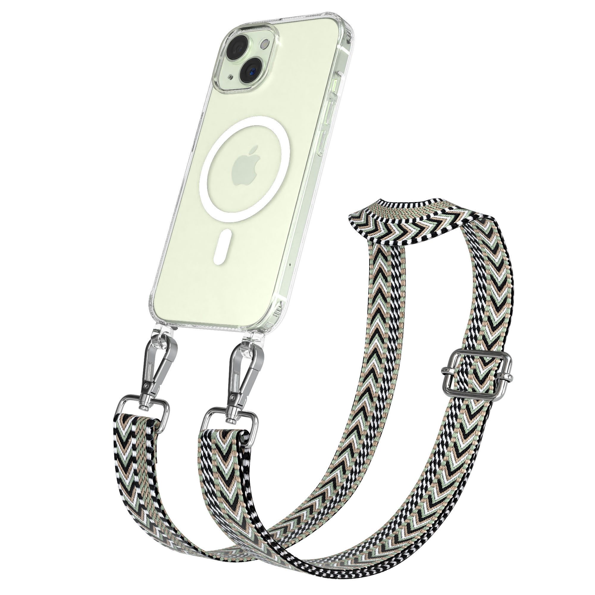 EAZY CASE Handykette Umhängeband MagSafe Hülle für Apple iPhone 15 6,1 Zoll, Verstellbarer DIY Trageriemen Case transparent Qi Gürteltasche Grün