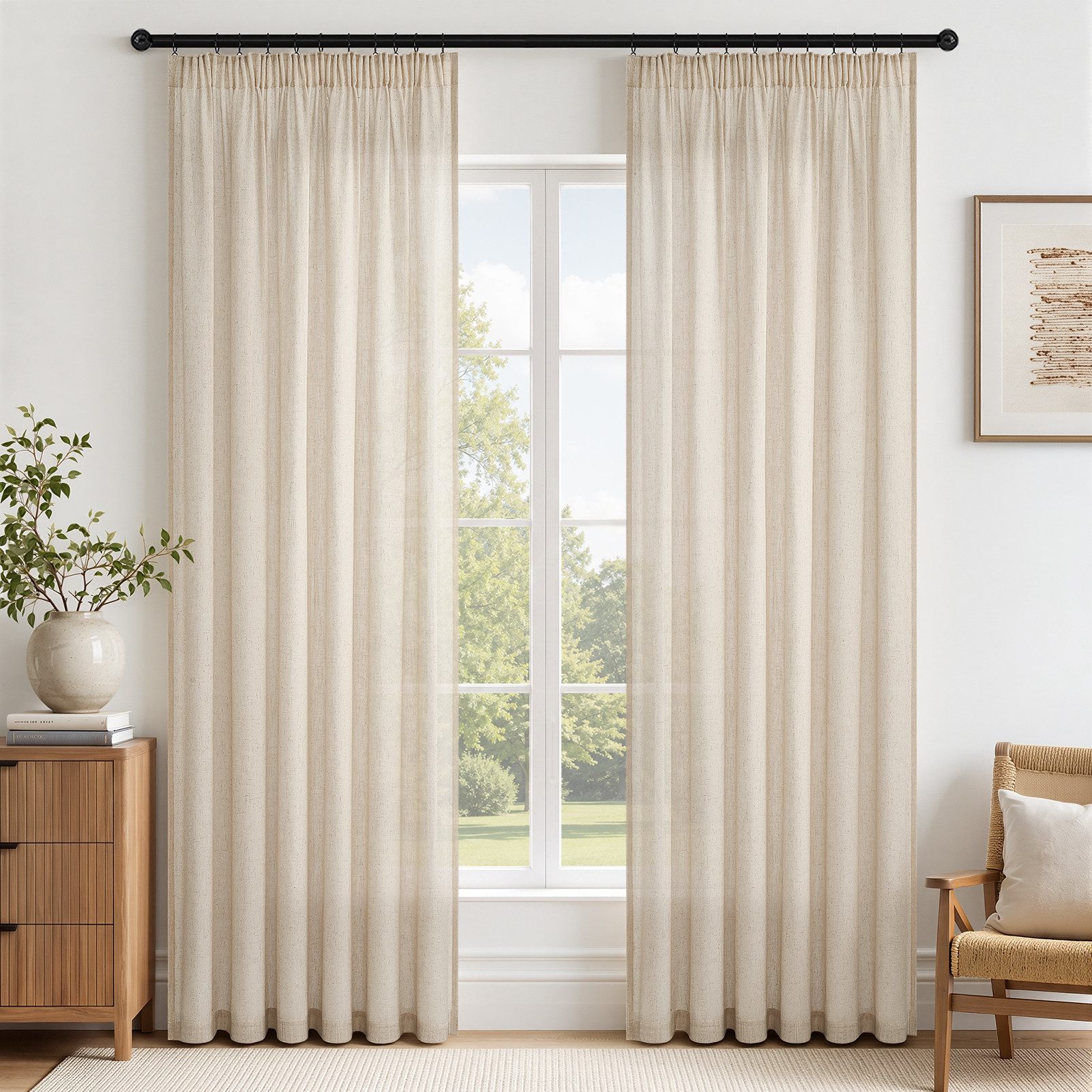 Topfinel Gardine Leinenoptik vorhänge mit kräuselband halbtransparent wohnzimmer (2 St), Kräuselband, halbtransparent, modern boho Oatmeal 140x235cm kinderzimmer Schlafzimmer Esszimmer