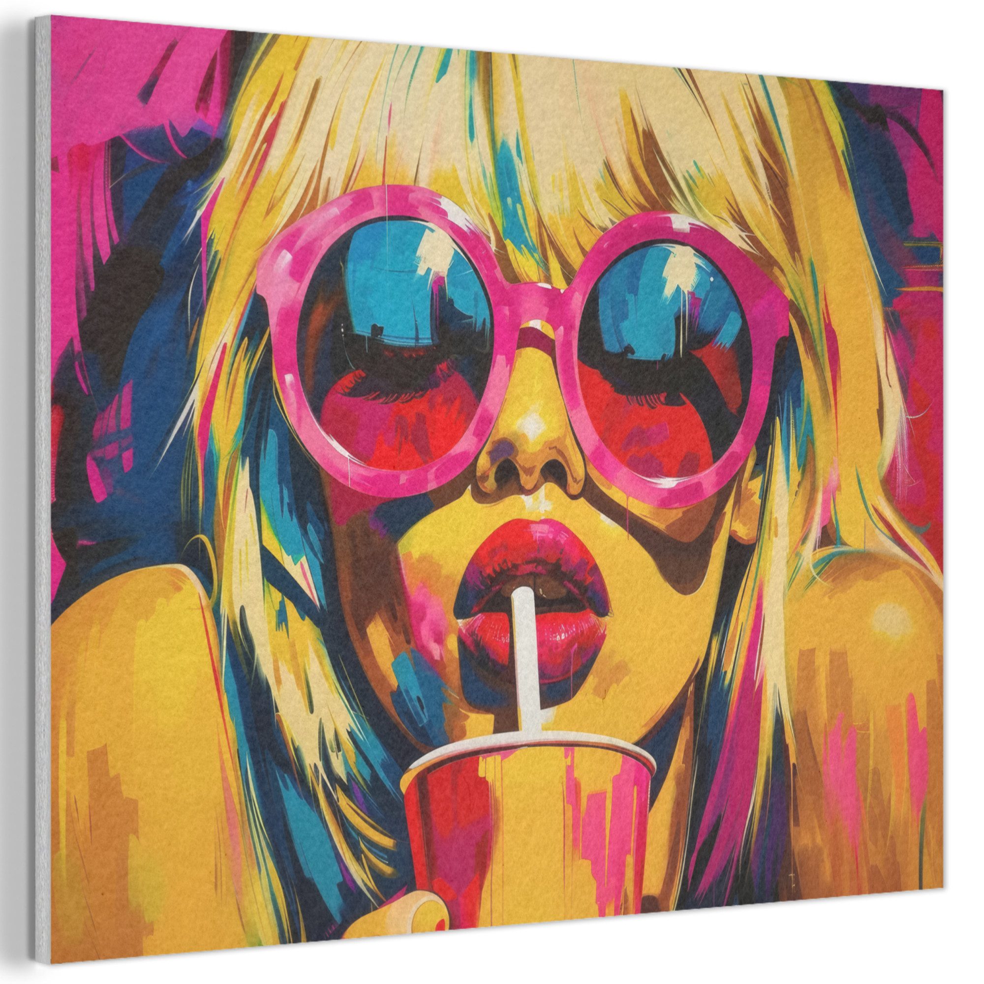 MuchoWow Gemälde Sonnenbrille - Rosa - Frau - Stroh, Fotodruck (1 St), Akustikbilder Schallabsorber, Wandpaneele, Akustikpaneele 70x50 cm