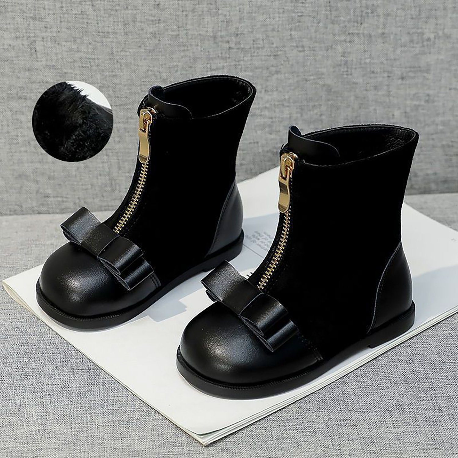 Daisred Fashion Boots Winterstiefel Mädchen Schuhe Chelseaboots Stiefelette Schwarz (mit Fleece)