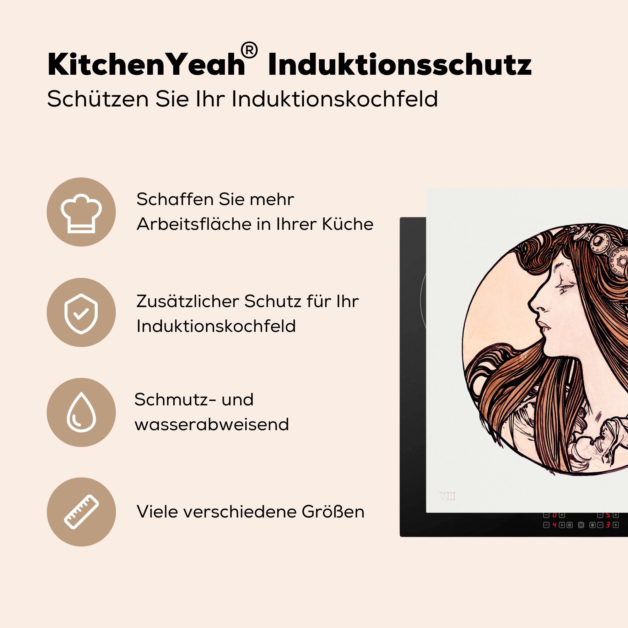 MuchoWow Herdblende-/Abdeckplatte Frau - Jugendstil (1 Arbeitsplatte cm, 78x78 für -Blume, Vinyl, küche Ceranfeldabdeckung, tlg)