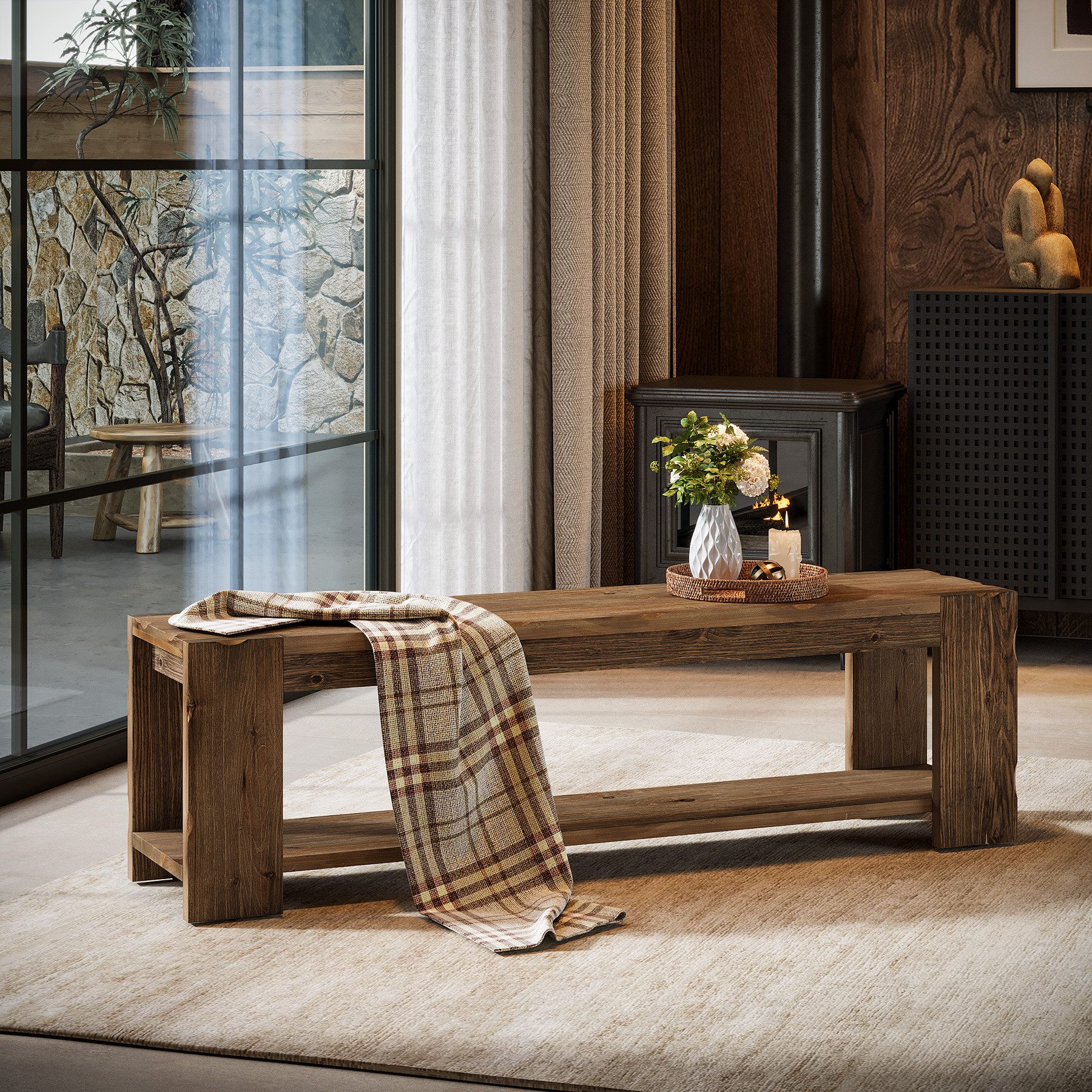 Tribesigns Schuhbank 140 cm Massive Holz-Eingangsbank mit Ablagefach, 2-stufige Sitzbänke (für Eingangsbereich, Flur, Esszimmer, Wohnzimmer, Garderobe, Schlafzi – Bild 5 von 5