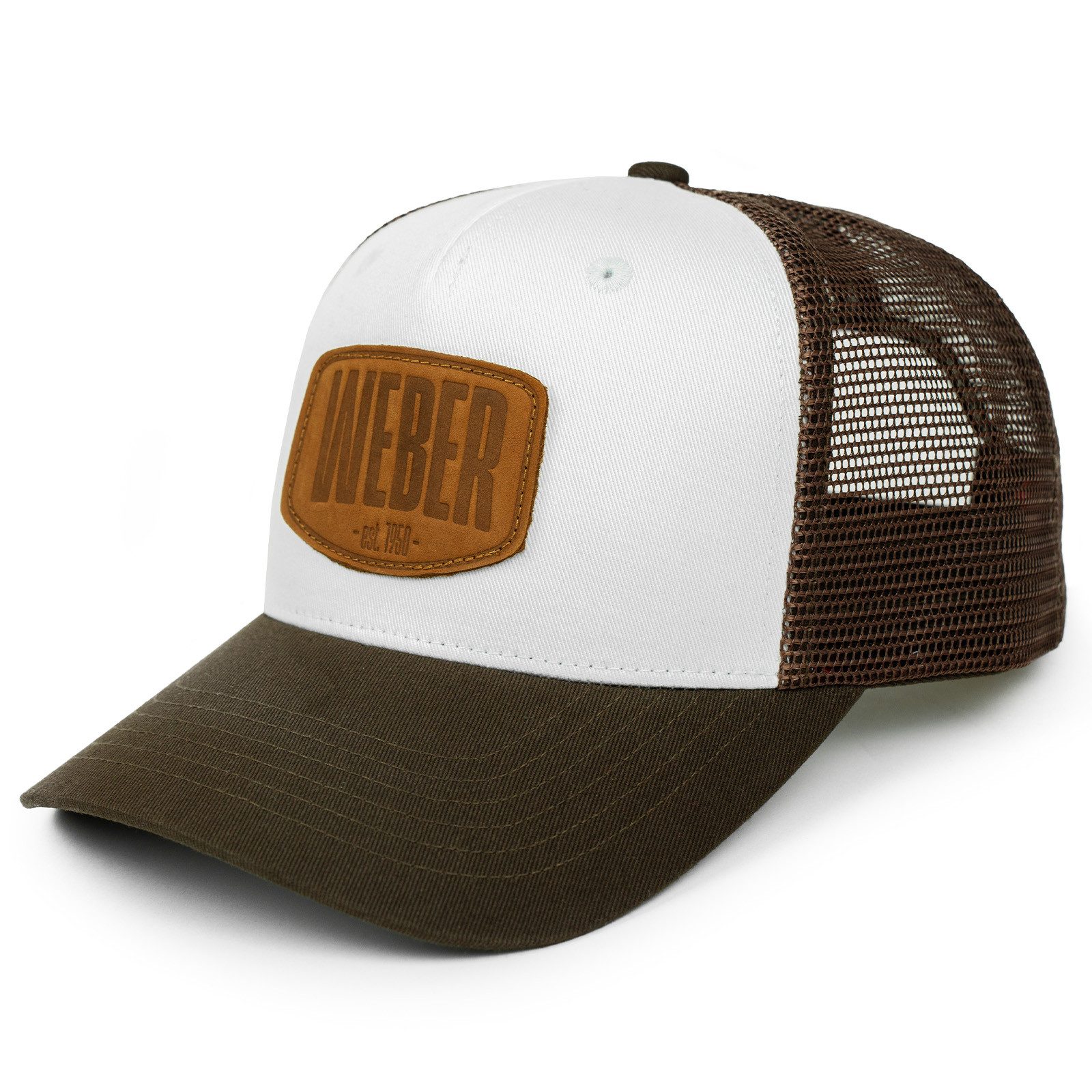 Weber GmbH Trucker Cap Weber #Werkeholics Mesh Baseball Cap braun/weiß (1-St) basecap, mit Logo-Badge