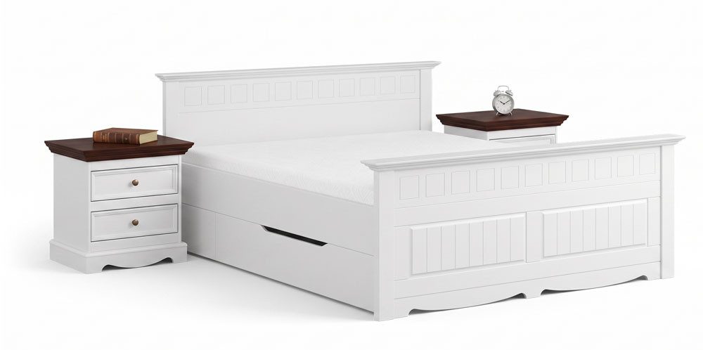 Feldmann-Wohnen Schlafzimmer-Set Belluno Elegante, (lackiertes finnisches Kiefernholz, mit Schubladen, 5-tlg., moderne Optik, 5-teiliges Schlafzimmer-Set, mit Schubladen), Massivholz 120x200cm Kiefer Weiß / Gebeizt Nussbaum