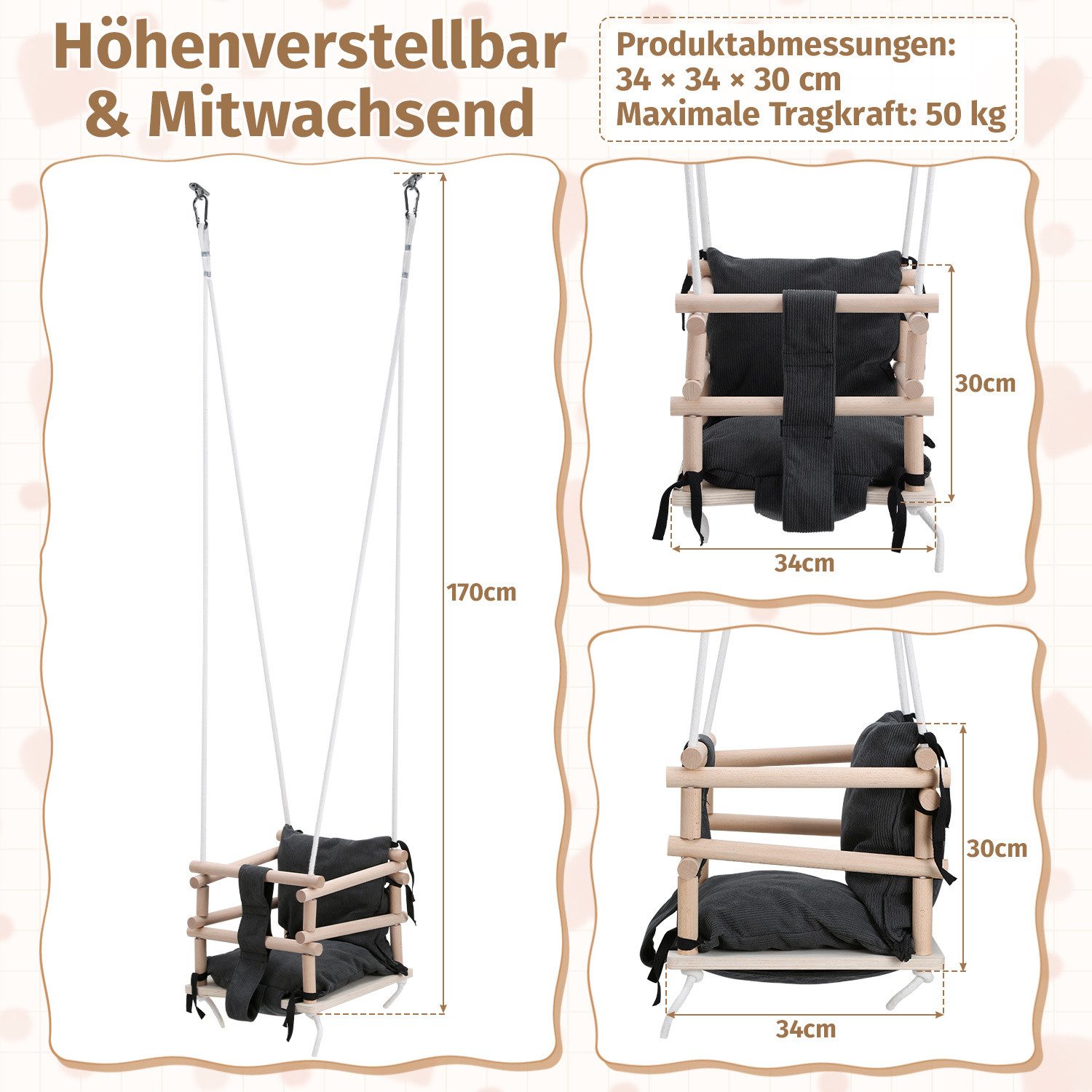 Clanmacy Babyschaukel Kinder Holzschaukel mit grauem Kissen und verstellbaren Seilen