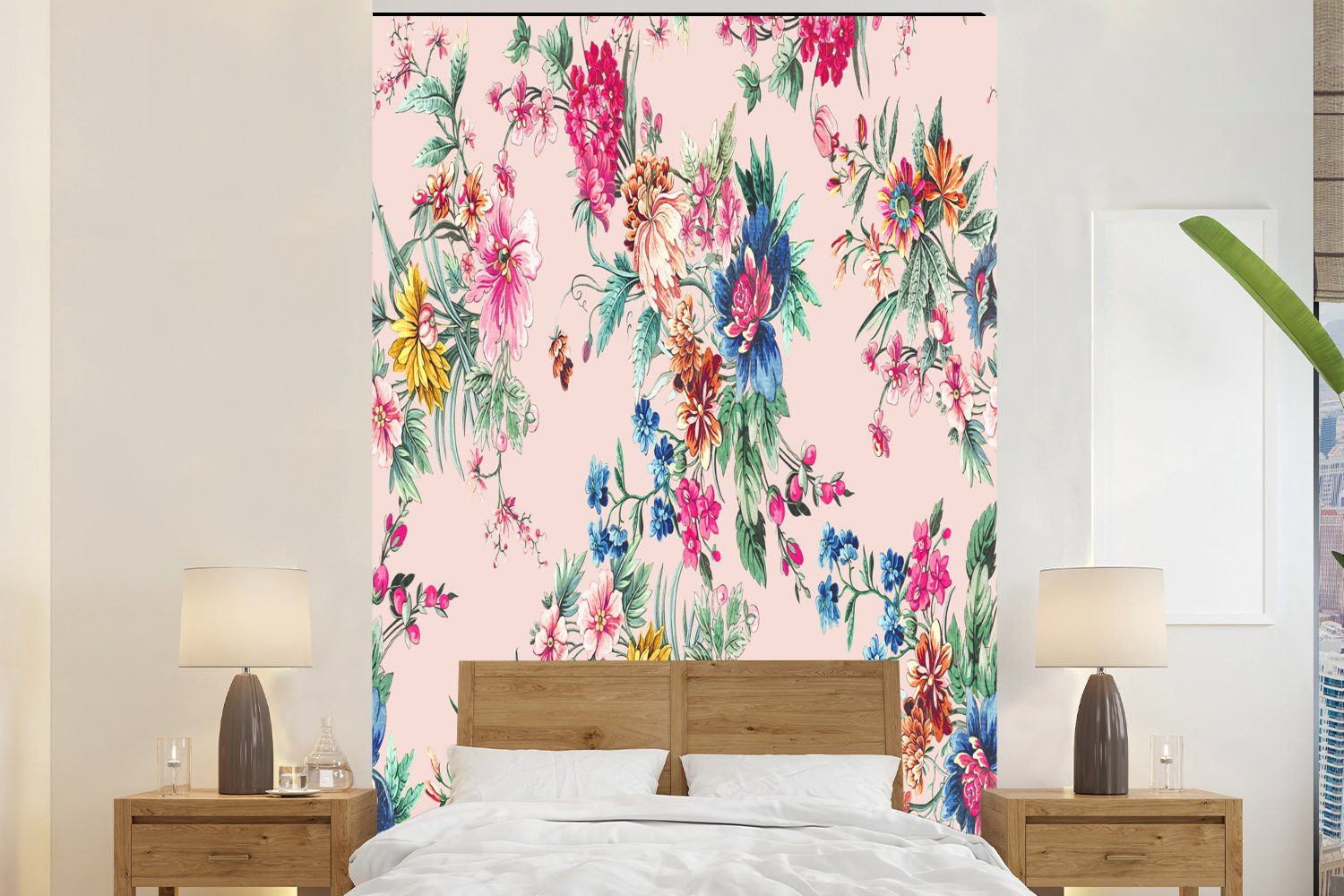 MuchoWow Fototapete Blumen - Rosa - Farben, Matt, bedruckt, (3 St), Montagefertig Vinyl Tapete für Wohnzimmer, Wandtapete