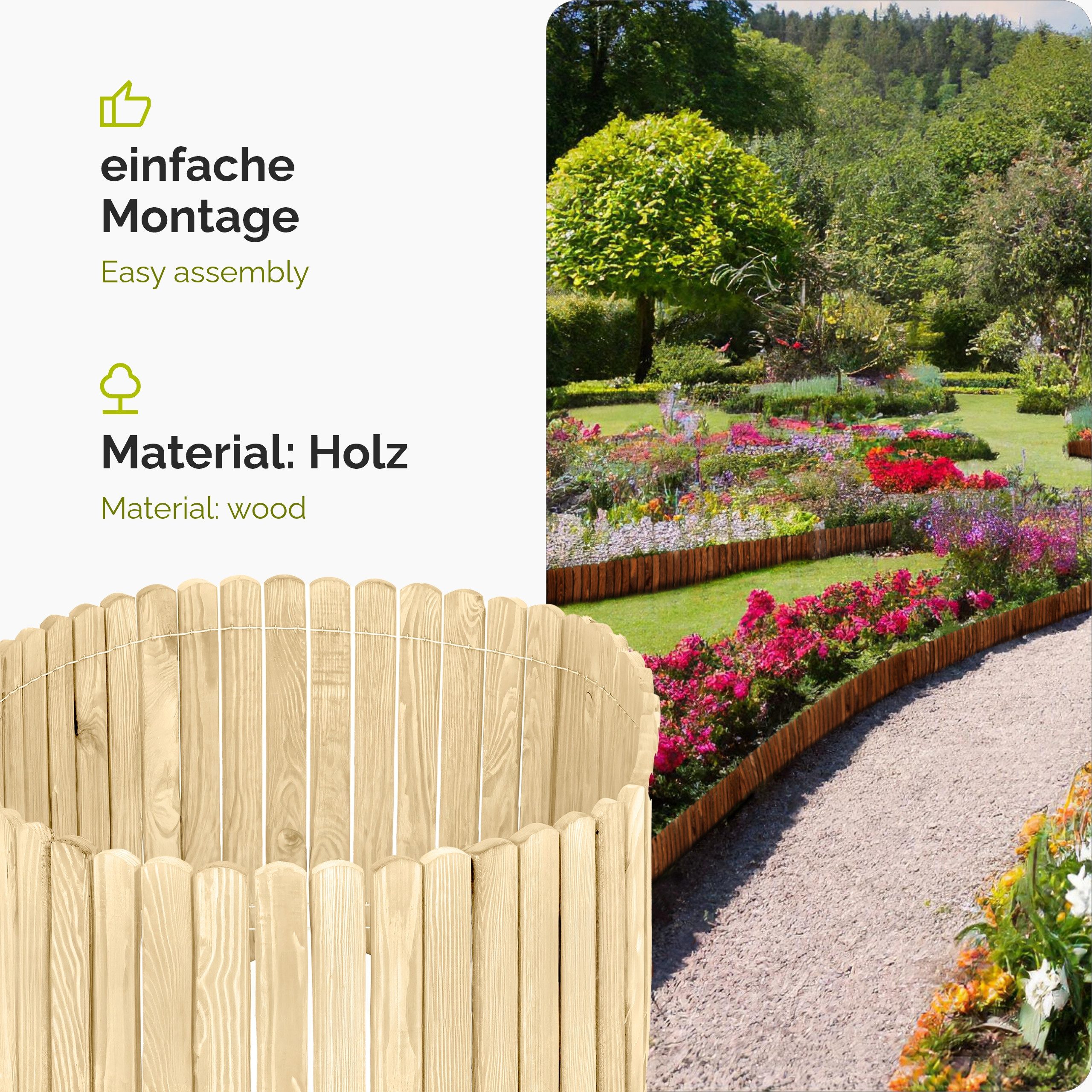 Garronda Zaun Rasenkante Holz Beeteimfassung 200 x 40cm Flexibler Rollborder GD-0106