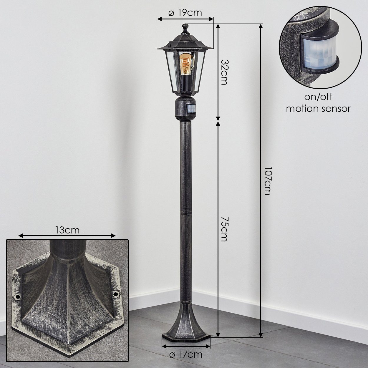 hofstein Pollerleuchte Wegeleuchte m. Bewegungsmelder aus Metall/Glas in Schwarz-Silber/Klar, ohne Leuchtmittel, antike Außenleuchte, Gartenlampe, Gartenbeleuchtung IP44, 1 x E27