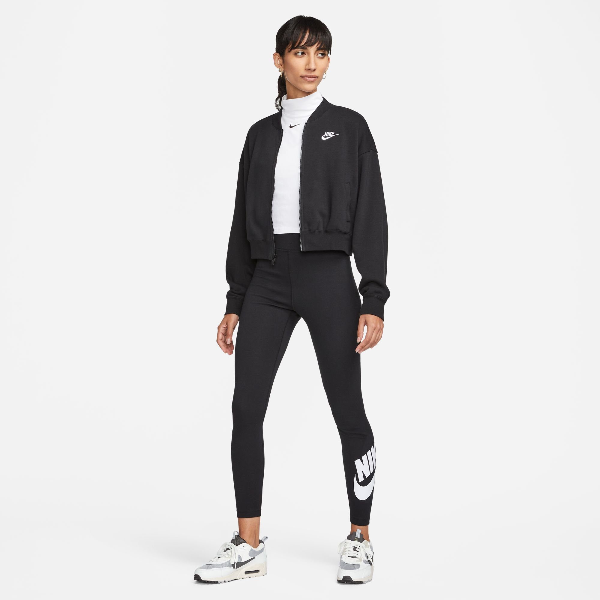 Nike BLACK/WHITE JACKET Sportswear FULL-ZIP WOMEN'S FLEECE CROPPED OVERSIZED Sweatjacke CLUB