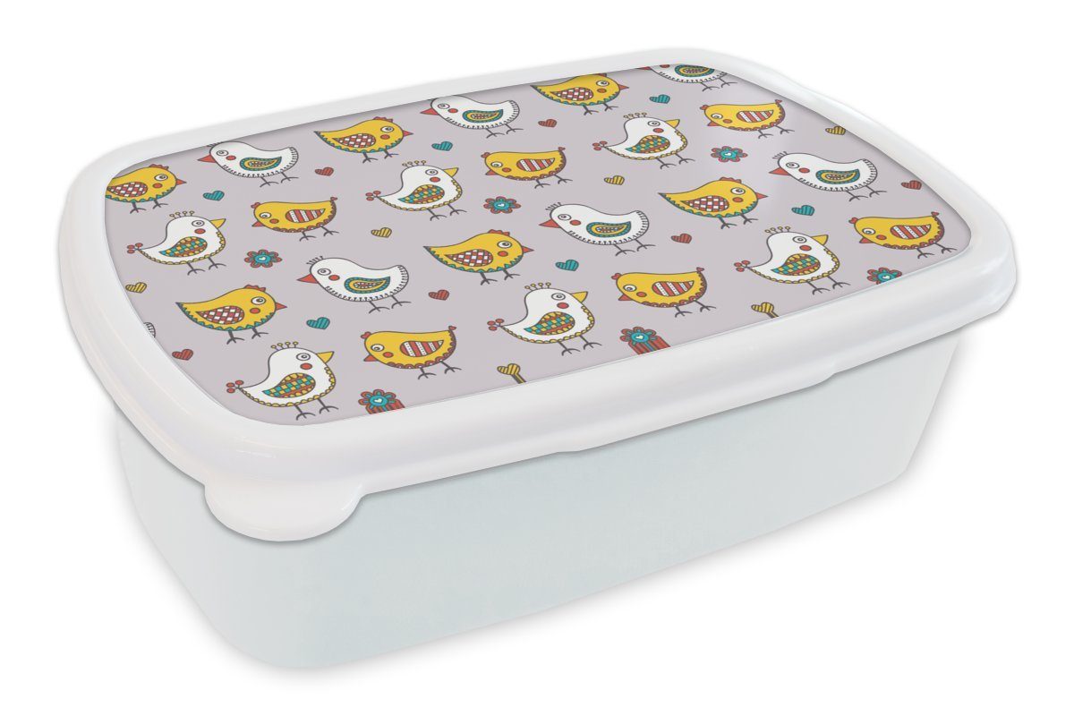 MuchoWow Lunchbox Muster - Vogel - Huhn, Kunststoff, (2-tlg), Brotbox für Kinder und Erwachsene, Brotdose, für Jungs und Mädchen weiß