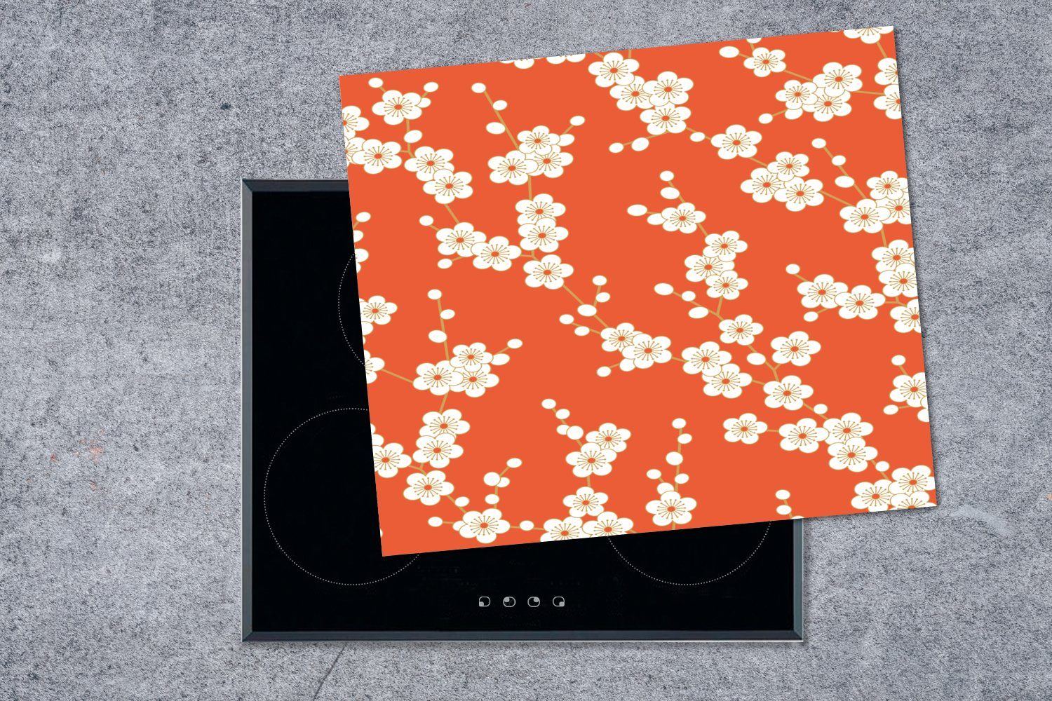 (1 Japan, Herdblende-/Abdeckplatte Mobile 60x52 Sakura - MuchoWow Blumen - Muster tlg), Vinyl, cm, Arbeitsfläche Ceranfeldabdeckung - nutzbar,