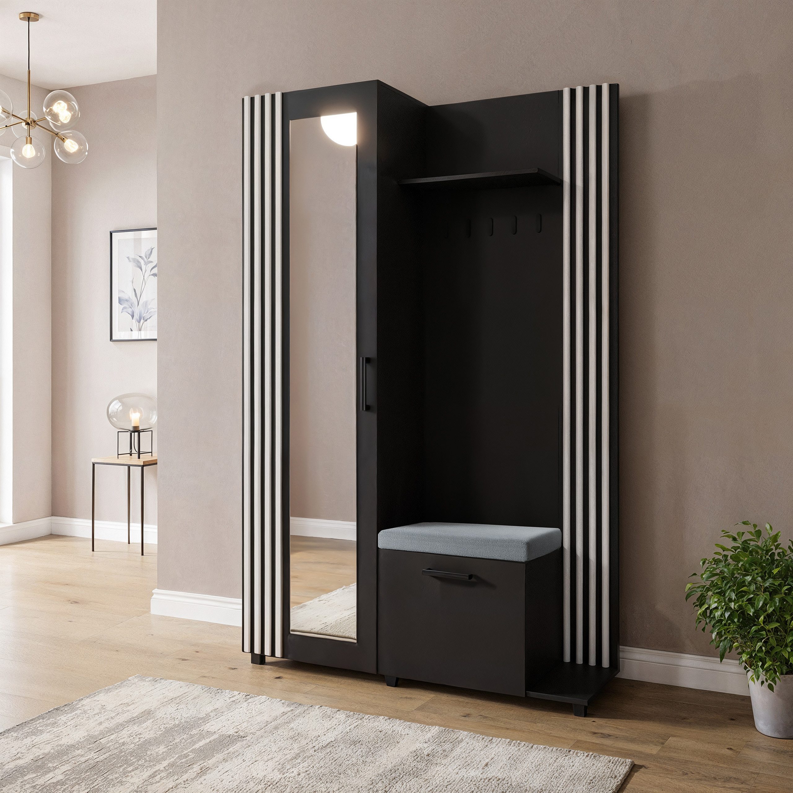 Masseno Garderobenschrank ARMADIO 137 x 207 cm Flurmöbel mit Spiegel und 1 Tür Schwarz
