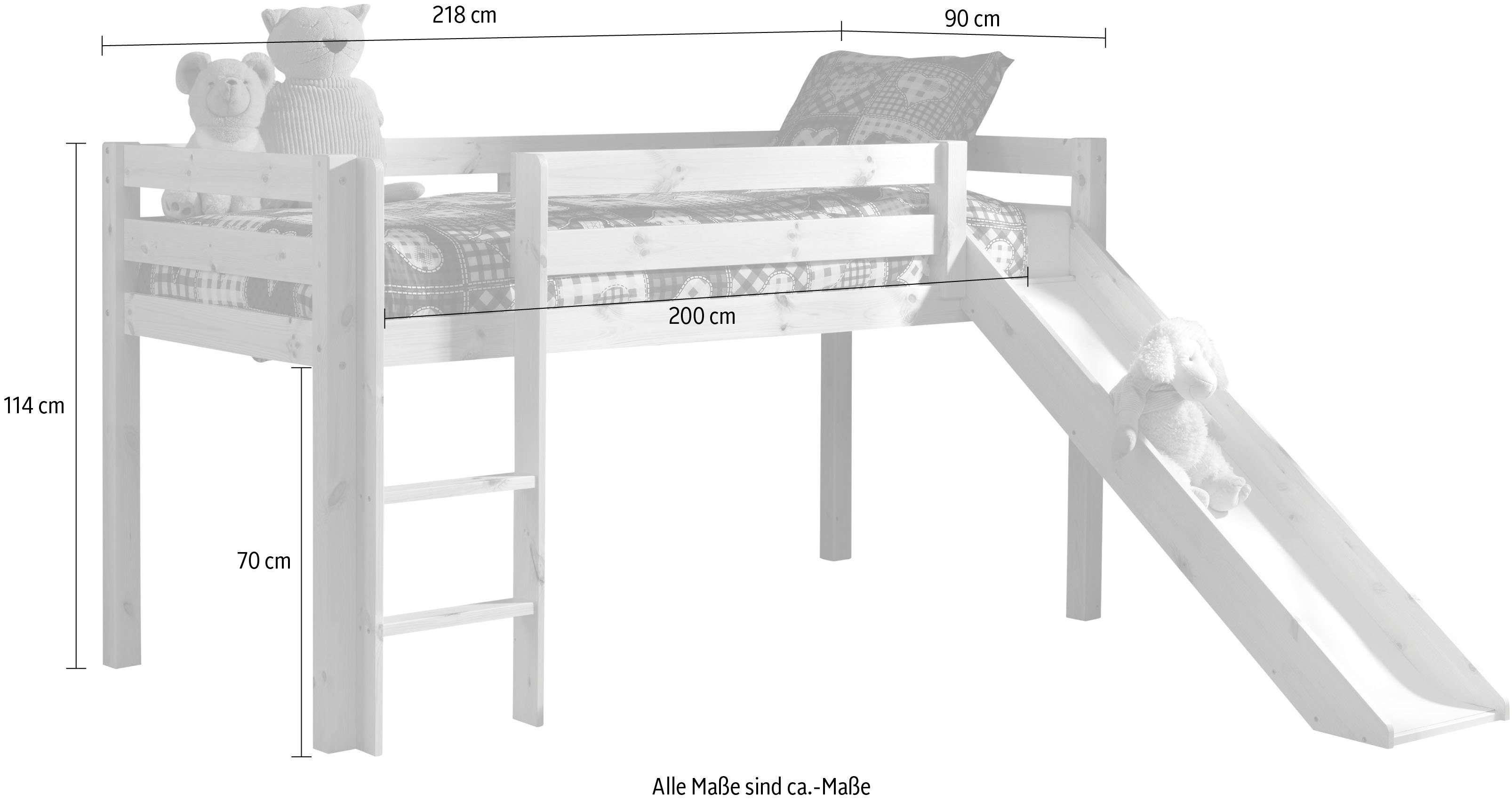 Vipack Hochbett Pino, inkl. Rolllattenrost, Leiter, Rutsche und Absturzschutz (B/H/T ca. 210x114x218cm, Kiefer massiv, stabil und standfest) in verschiedenen Farben erhältlich