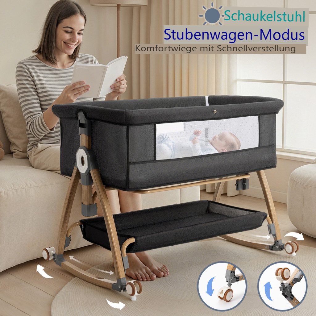 Insma Beistellbett 3 in1 Babybett Baby-Reisebett mit Moskitonetz,Aufbewahrungskorb,Rollen, 6 Fach Höhenverstellung und 3cm Matratze, Maximale Tragfähigkeit 24 kg