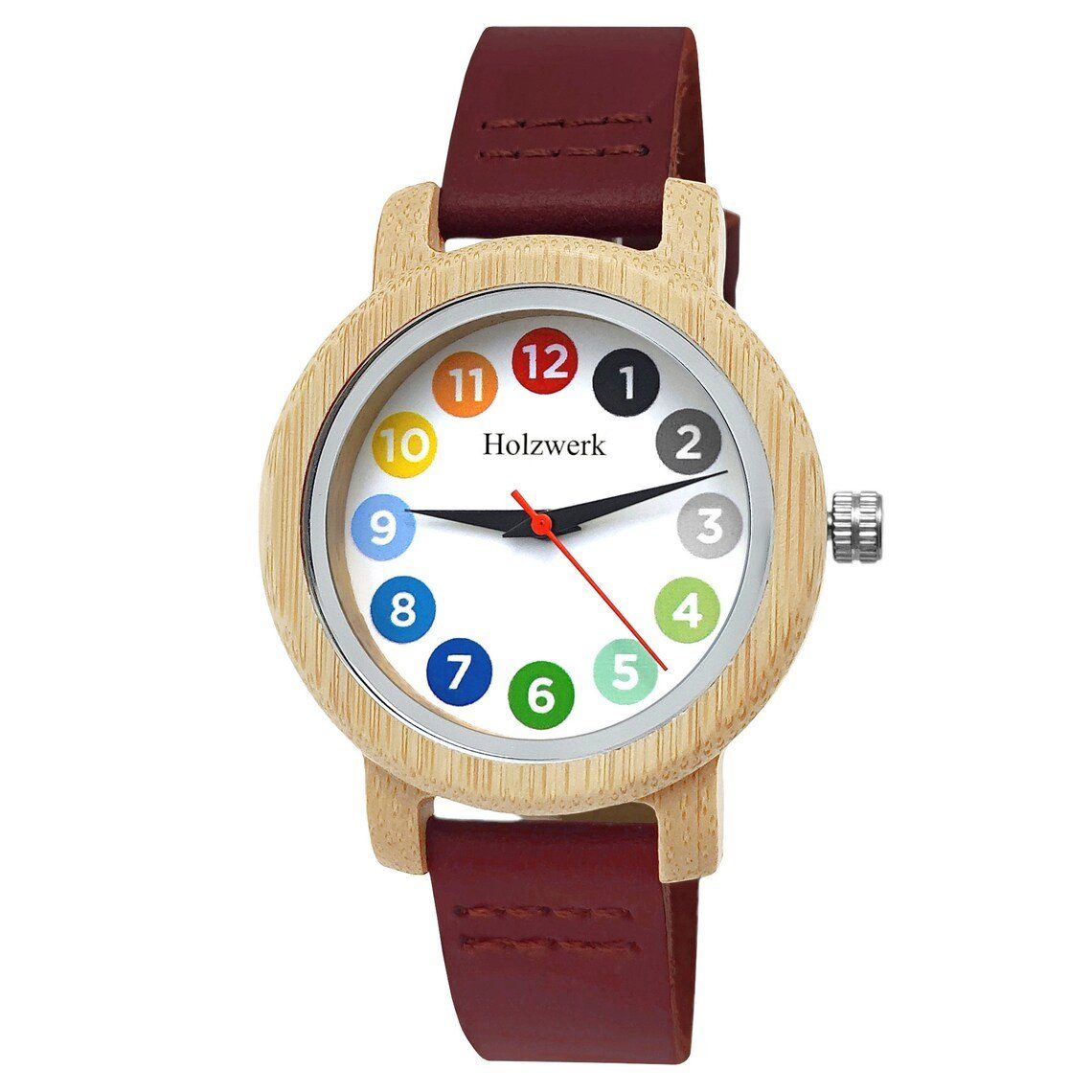 Holzwerk Quarzuhr RAINBOW RED bunte kleine Damen Leder & Holz Armband Uhr, rot