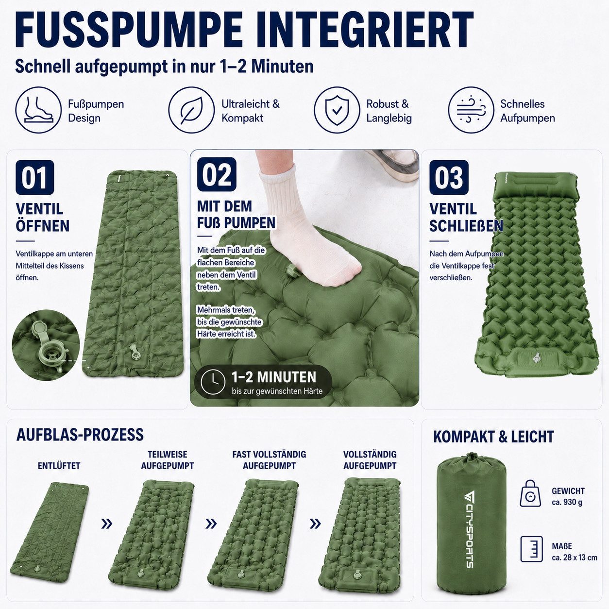 CITYSPORTS Isomatte Selbstaufblasende Camping Isomatte, aufblasbare Luftmatratze Camping, mit Kissen,Fußpumpe,Outdoor Schlafmatte für Zelt SUV Reisen
