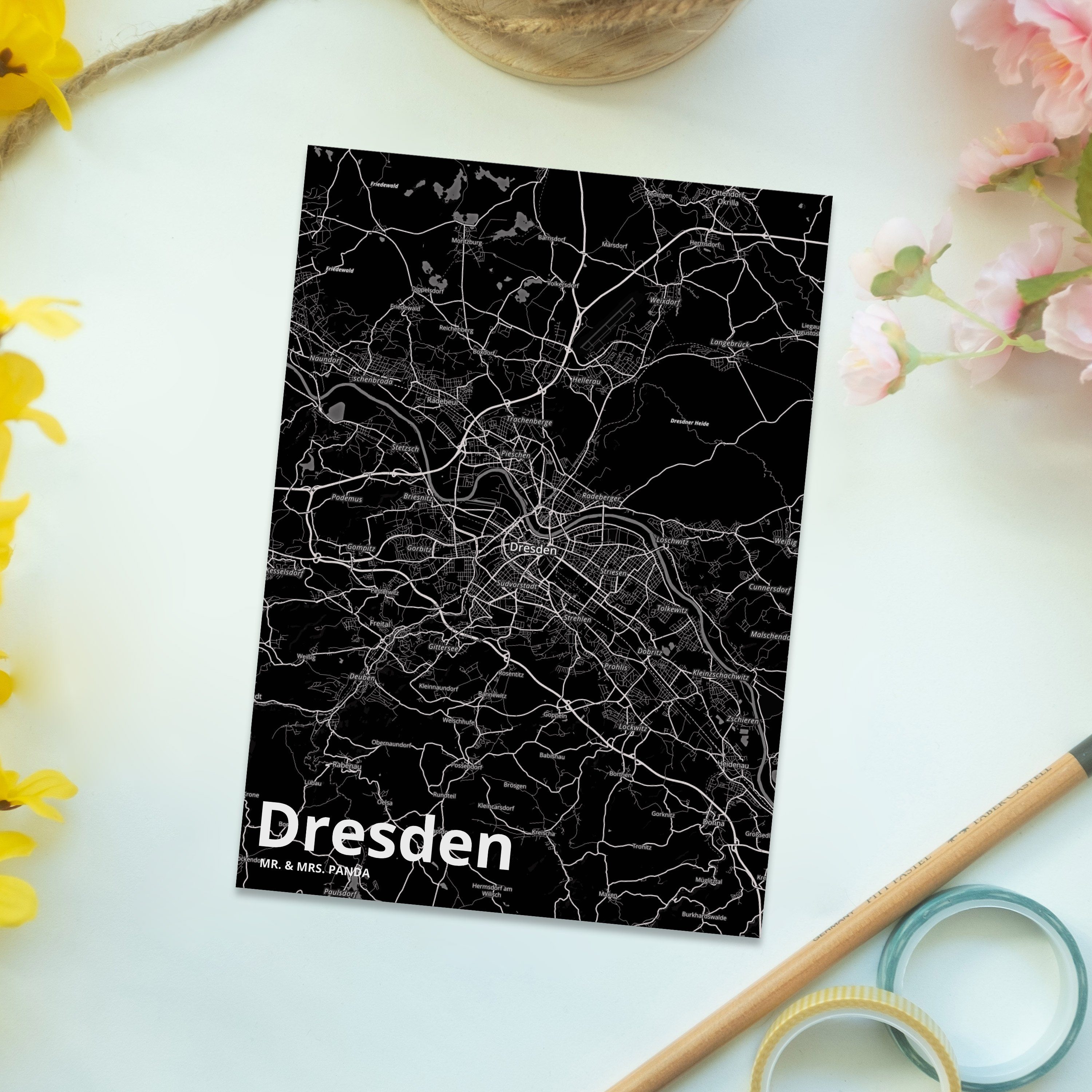 Dankeskarte, Geschenk, Postkarte Dorf - Mr. Panda Dresden Geschenkkarte, Mrs. & Stadt, Stadt Kar