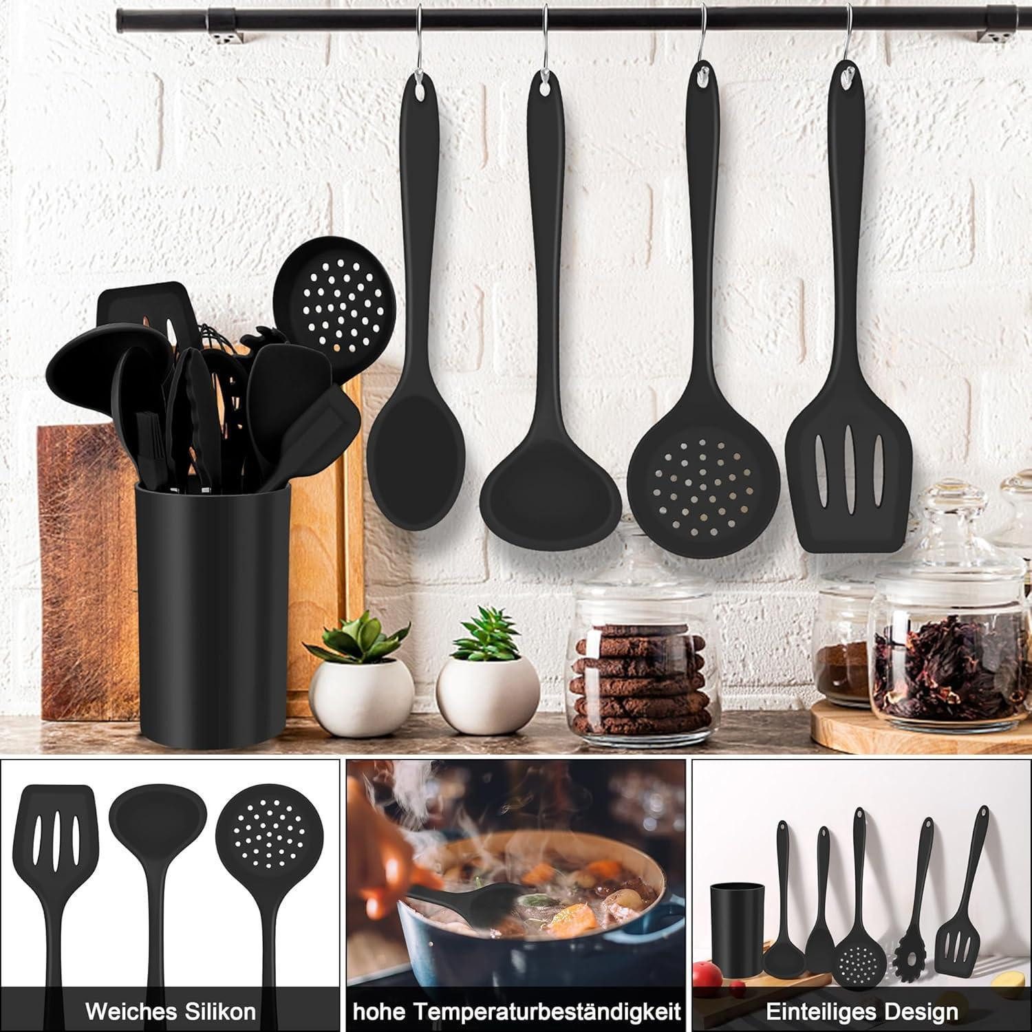 LuxusKollektion Kochbesteck-Set 25-tlg. Silikon Küchenutensilien Kochbesteck Set Schwarz antihaft – Bild 3 von 5