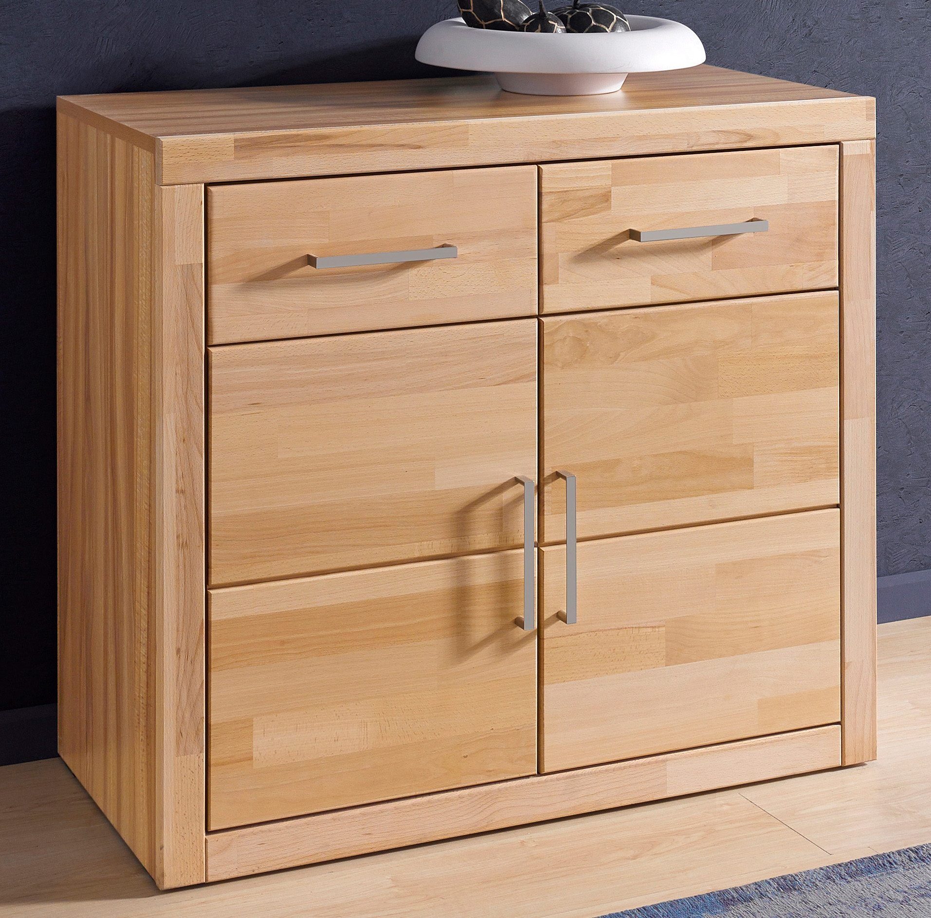OTTO home Kommode Logo,90cm breit,42 cm tief, Fronten Massivholz,2 Türen,2 Schubladen, Holz massiv, Holzwerkstoff,2 breite Fächer,Boden versetzbar