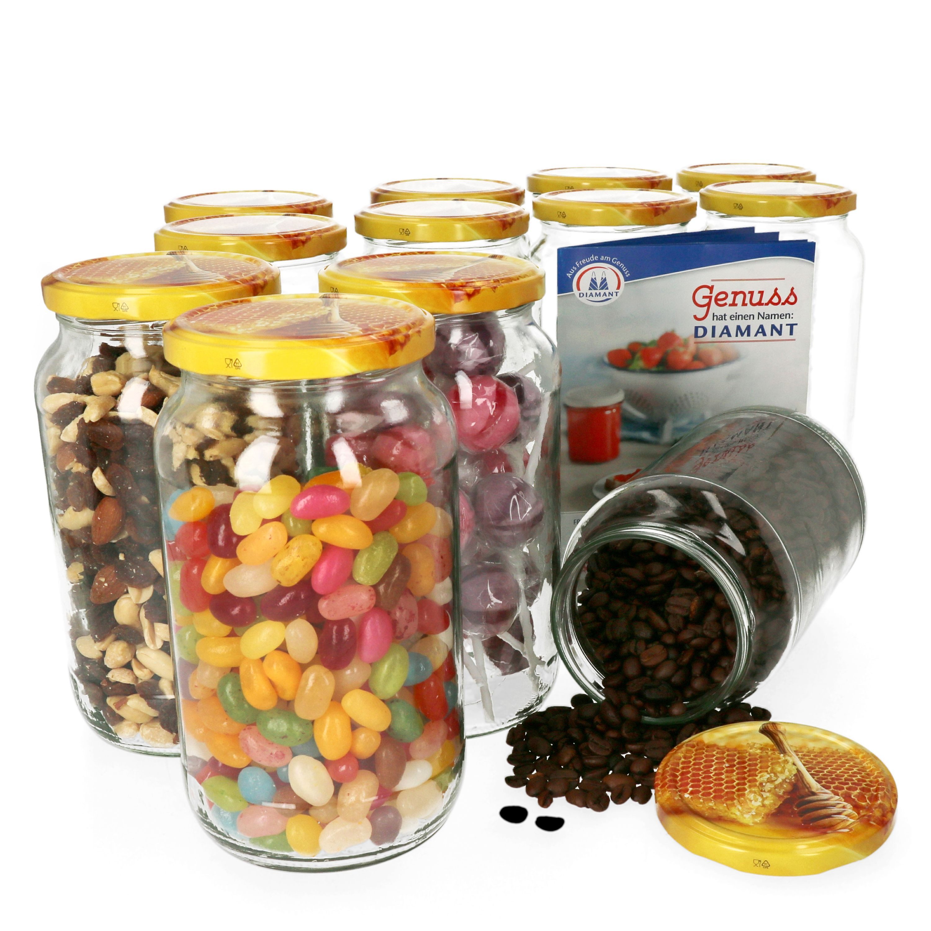 MamboCat Einmachglas 12er Set Rundglas 1062 ml Carino To 82 Deckel mit Honigwabe Rezeptheft, Glas