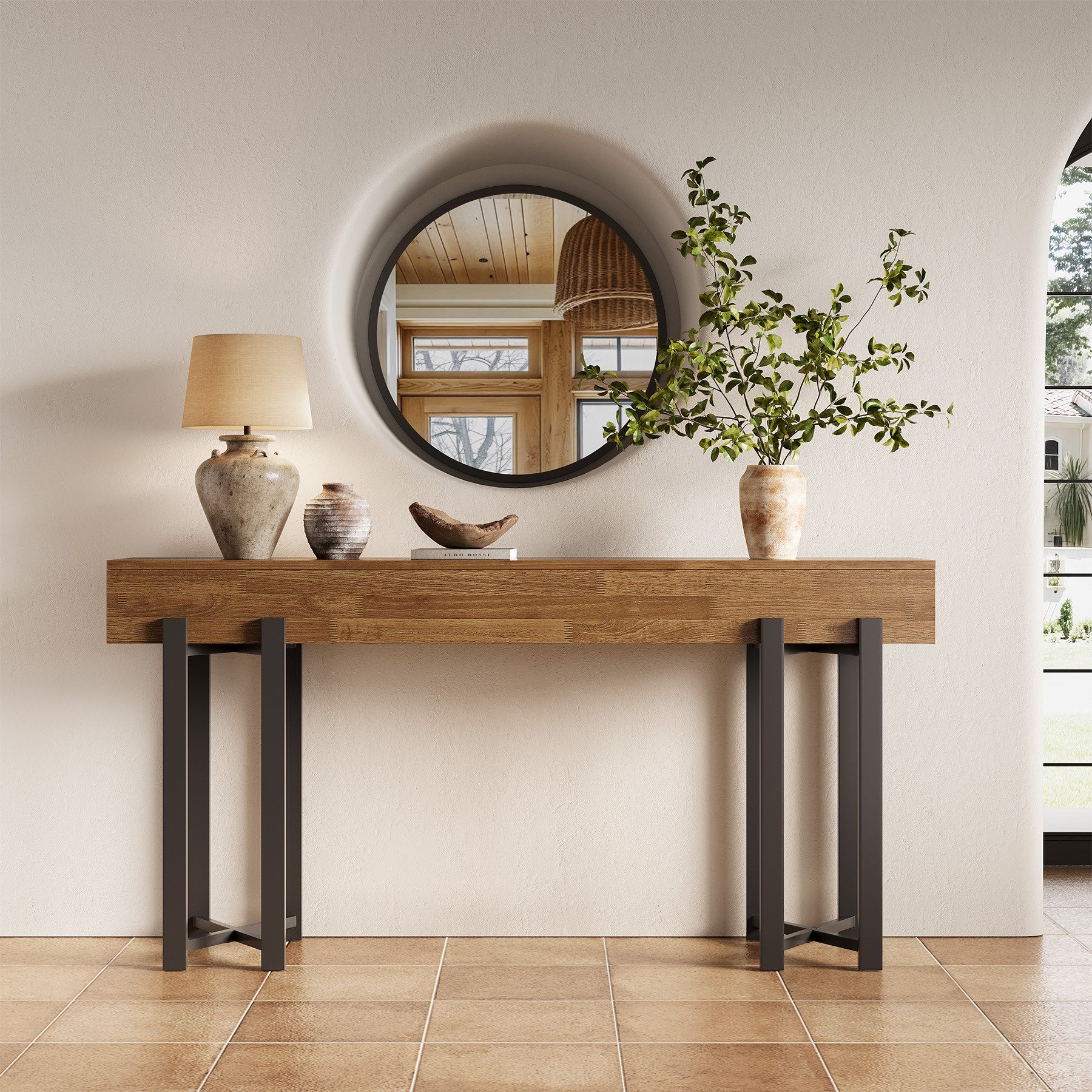 Tribesigns Konsolentisch 160x30cm Landhaus Flurtisch Eiche Optik Metallgestell – Bild 4 von 5