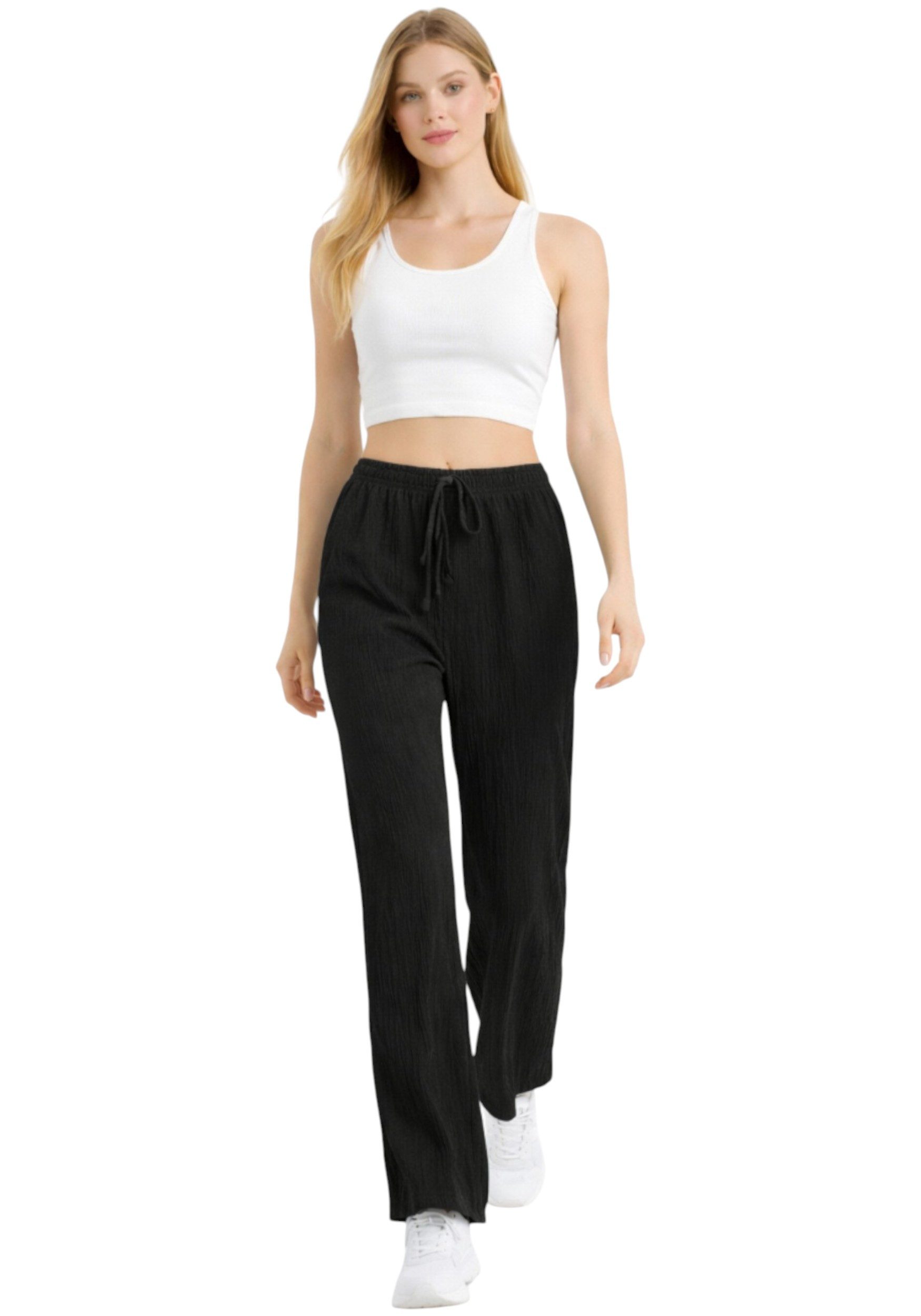 Palazzohose Damen Crinkle – Weite Sommerhose elastischer Bund