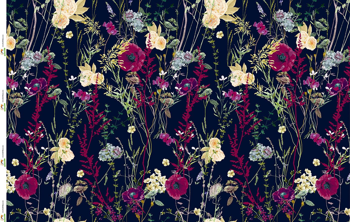 Stoff-Mieze Stoff Jersey Blumen und Mohnblumen auf blau, 60 cm je Bestelleinheit