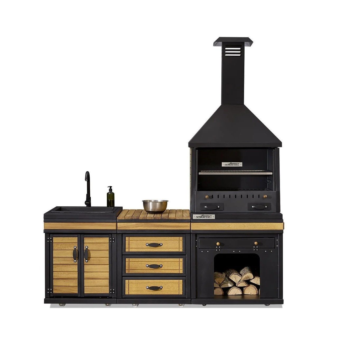 Xlmoebel Outdoor-Küche XLMOEBEL Außenküche Schwarz Holz Edelstahl, funktional und elegant, Made in Europa