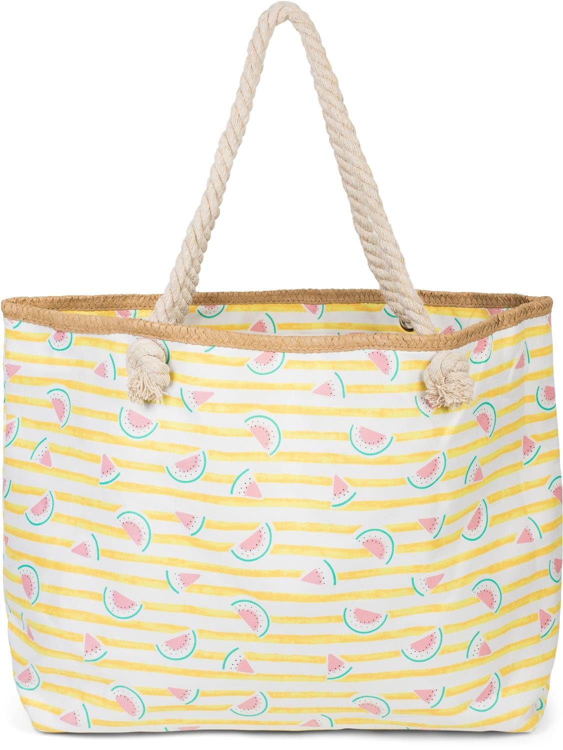 styleBREAKER Strandtasche (1-tlg), Strandtasche mit Streifen und Melone Print Gelb-Weiß