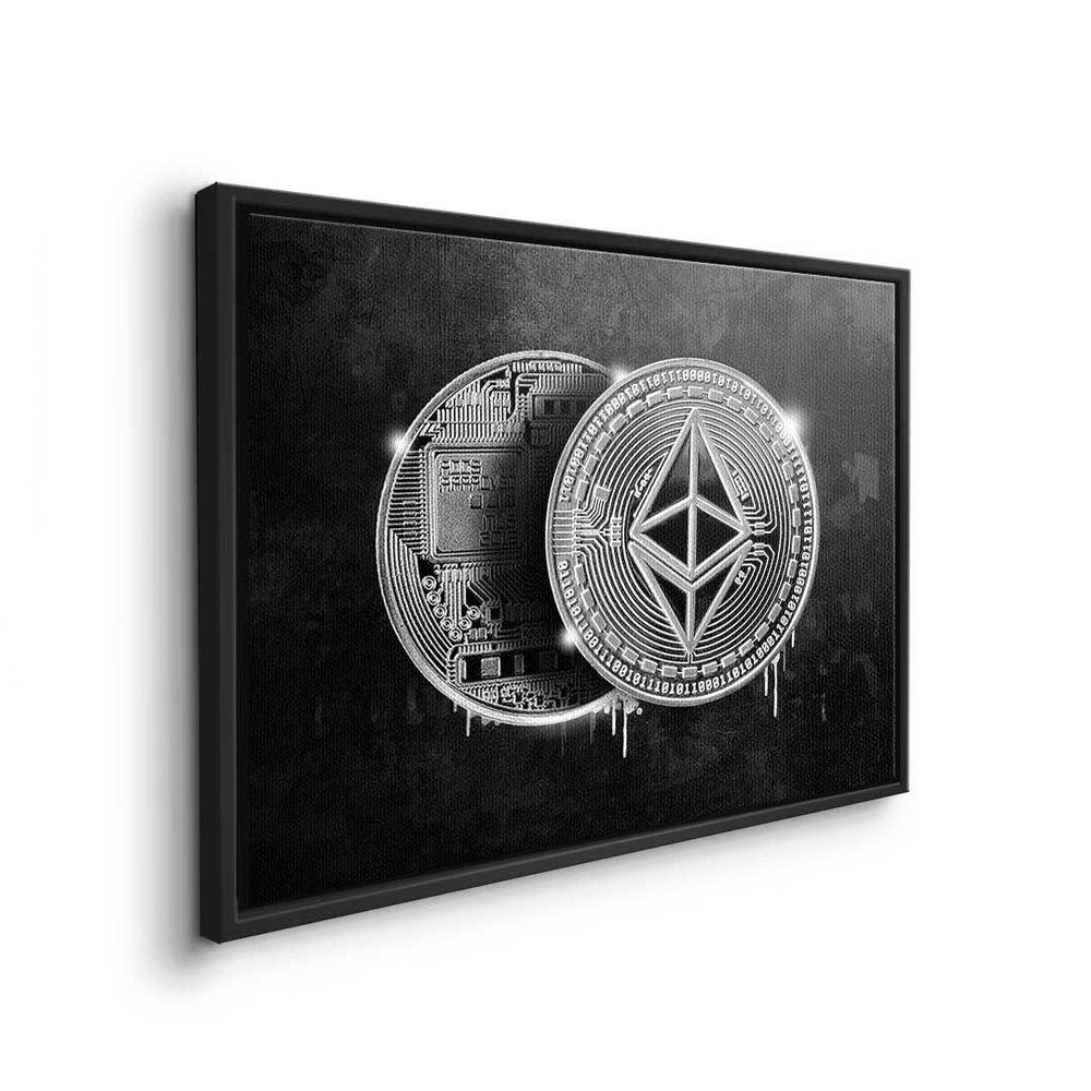 - - - Crypto Ethereum Rahmen Leinwandbild, Leinwandbild DOTCOMCANVAS® Coin silberner Motivation - Trading Premium