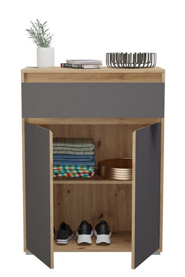 xonox.home Schuhkommode Torino (Flurschrank 2-türig Eiche und Basalt grau,  mit Schublade, 76 x 102 cm), Vollauszug, nachhaltig