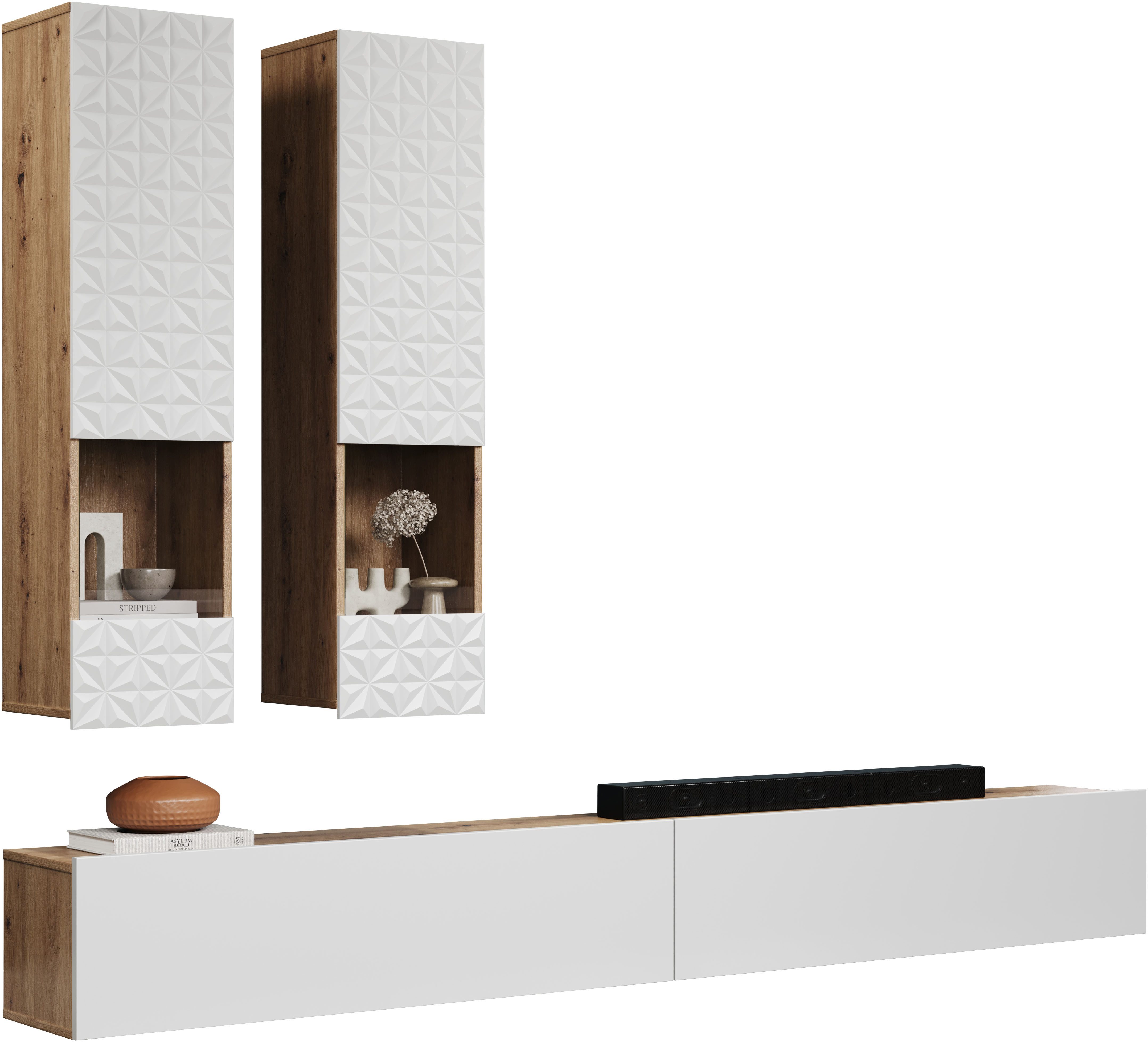 INOSIGN Wohnwand Rezzo, 2 Hängevitrinen mit Relief-Front, 2 Lowboards je Br. 120 cm, (Komplett-Set, 4-St), Wohnwand mit 2 Türen, 2 Klappen & Soft-Close - (B/T/H) 241/30/200 cm