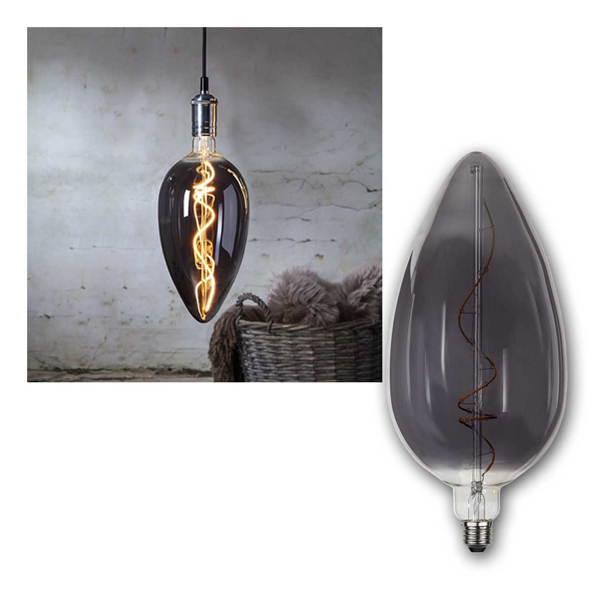 STAR TRADING LED-Leuchtmittel E27 Birne INDUSTRIAL-VINTAGE Rauchglas XXL Kerze, warmweiß