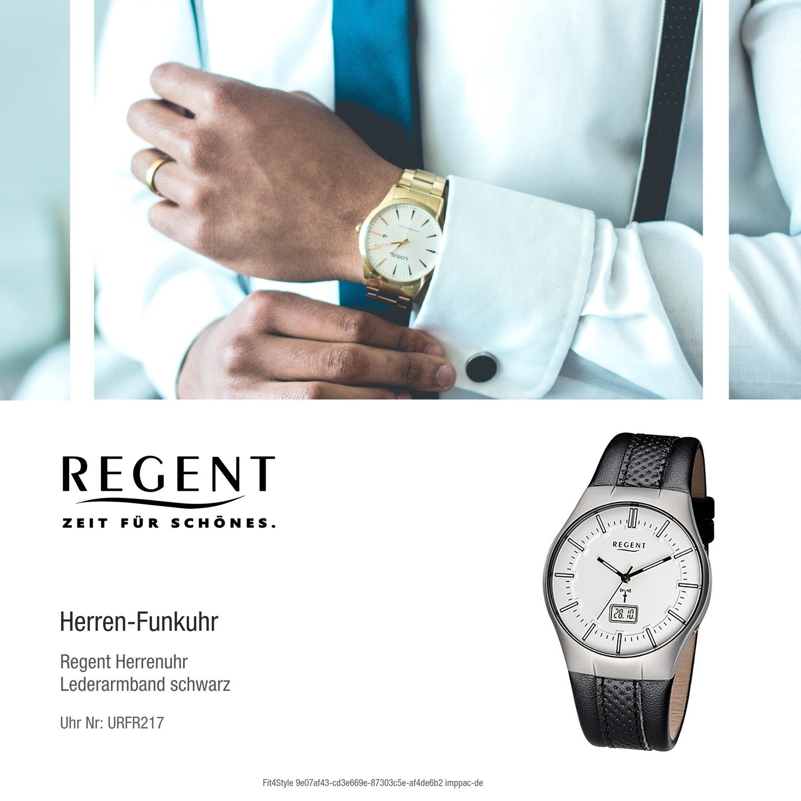 Regent Funkuhr Regent Herren-Armbanduhr schwarz, silber mittel (ca. Herren Funkuhr rund, 39mm), Lederarmband
