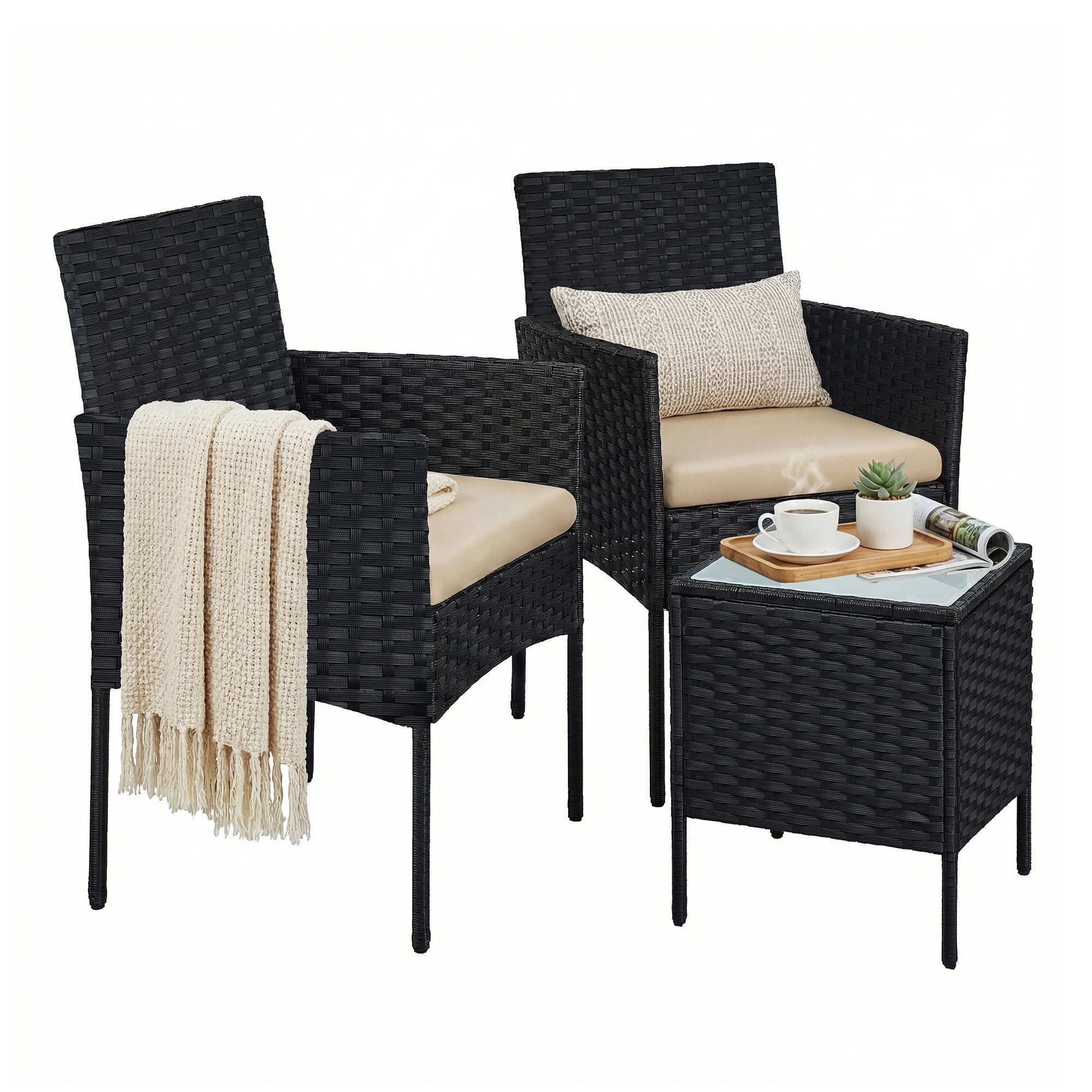 SONGMICS Gartenlounge-Set Balkonmöbel, Tisch und 2 Stühle, für Terrasse, Balkon, Garten, (3-tlg., 2 Gartenstuhl, 1 Gartentisch, mit Kissen), Gartenmöbel-Set, aus PE-Polyrattan, Terrassenmöbel, schwarz-taupe