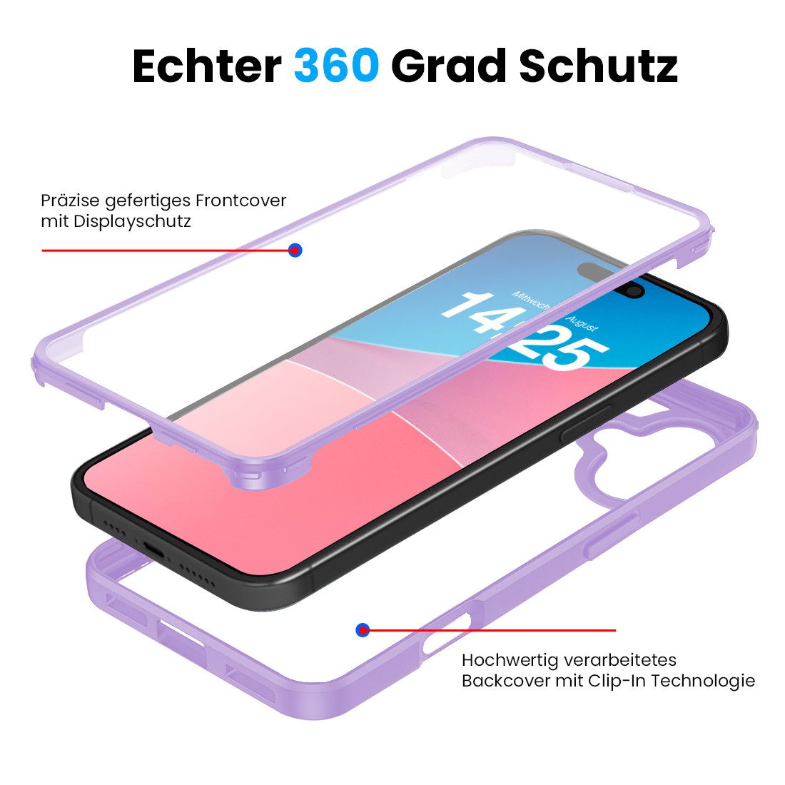 Tec-Expert Handyhülle 360 Grad Hülle für Apple iPhone 16 6.1 Zoll, 6.1, Rundum Schutz Cover Case Hülle robust – Bild 3 von 5